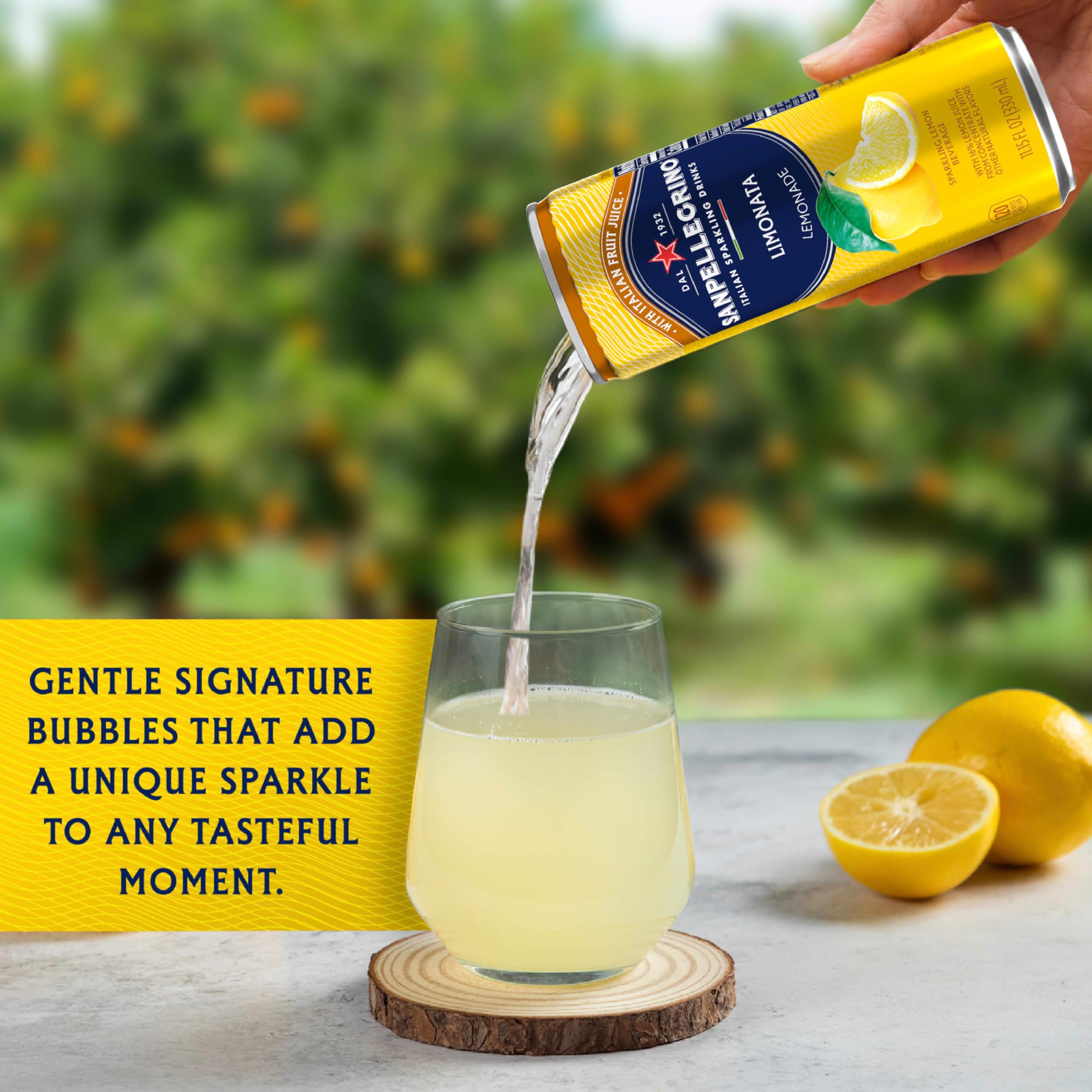 Glass garnished with mint and lemon; enhances Sanpellegrino Limonata experience.