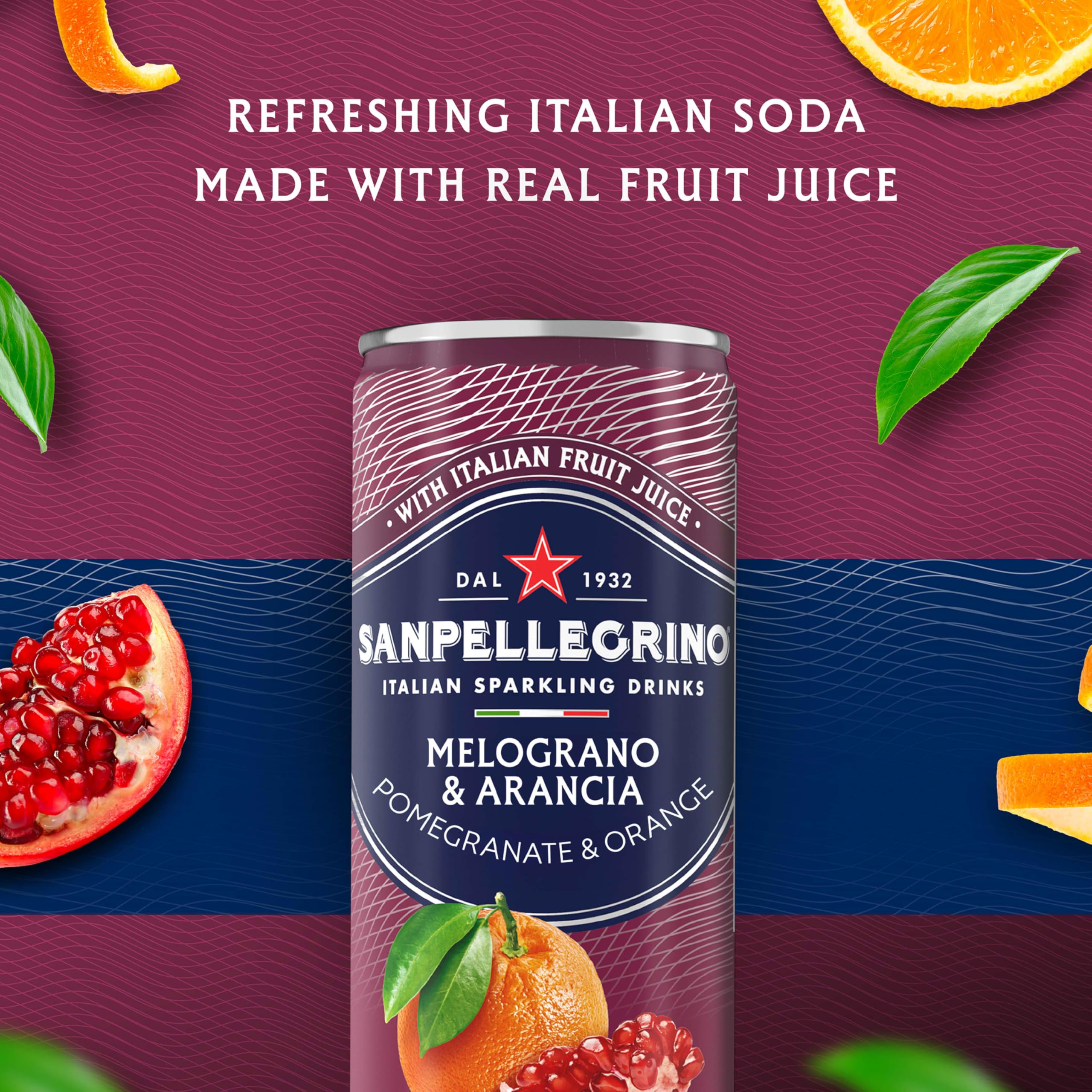 Sanpellegrino orange-pomegranate can closeup label highlights real juice from orange and pomegranate.