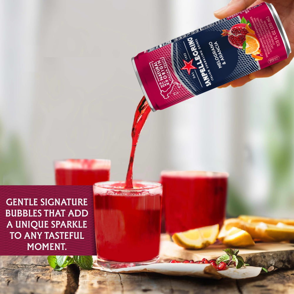 Sanpellegrino orange-pomegranate fruit-juice illustration suggests real flavors.