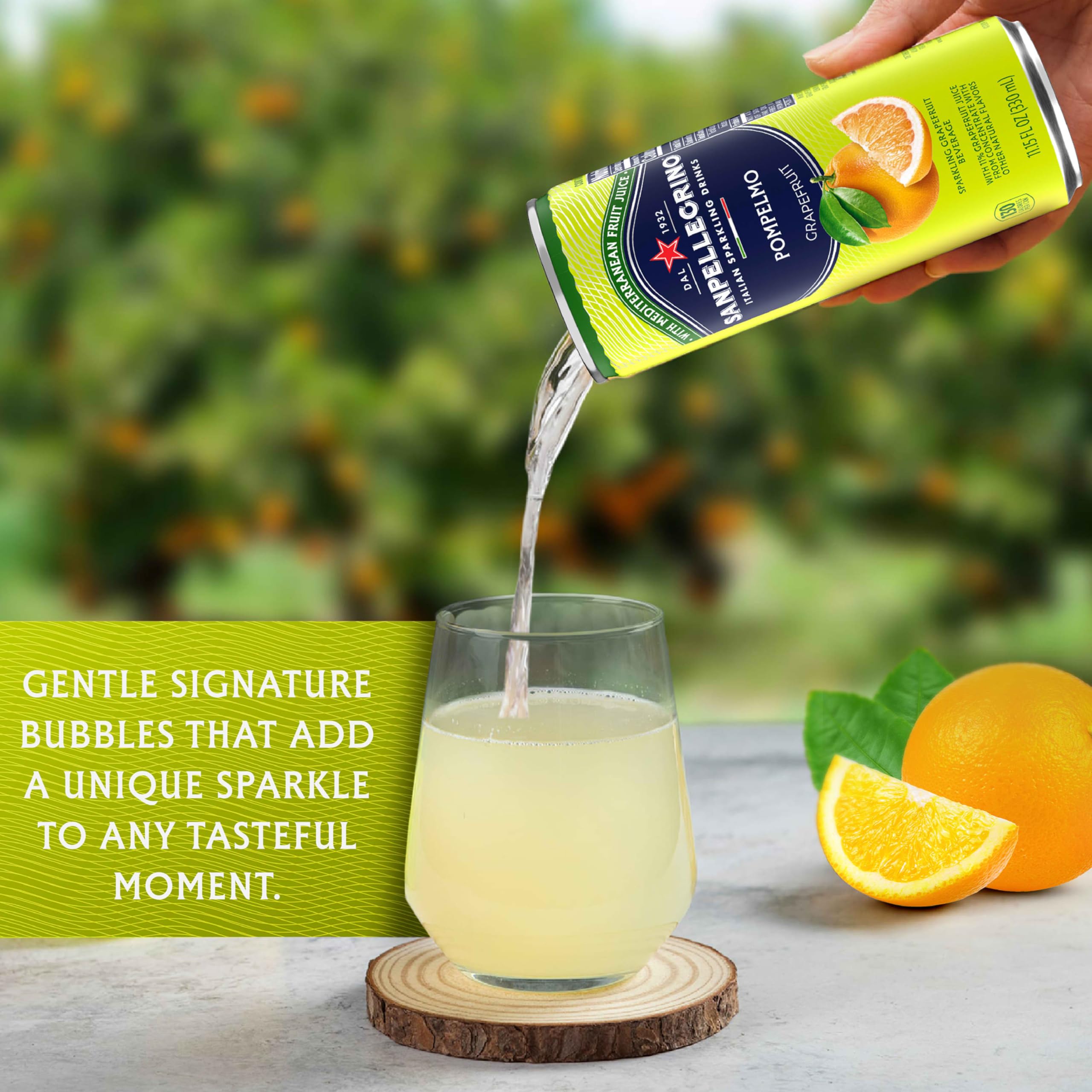 Sanpellegrino Pompelmo with grapefruit slice garnish serving idea.