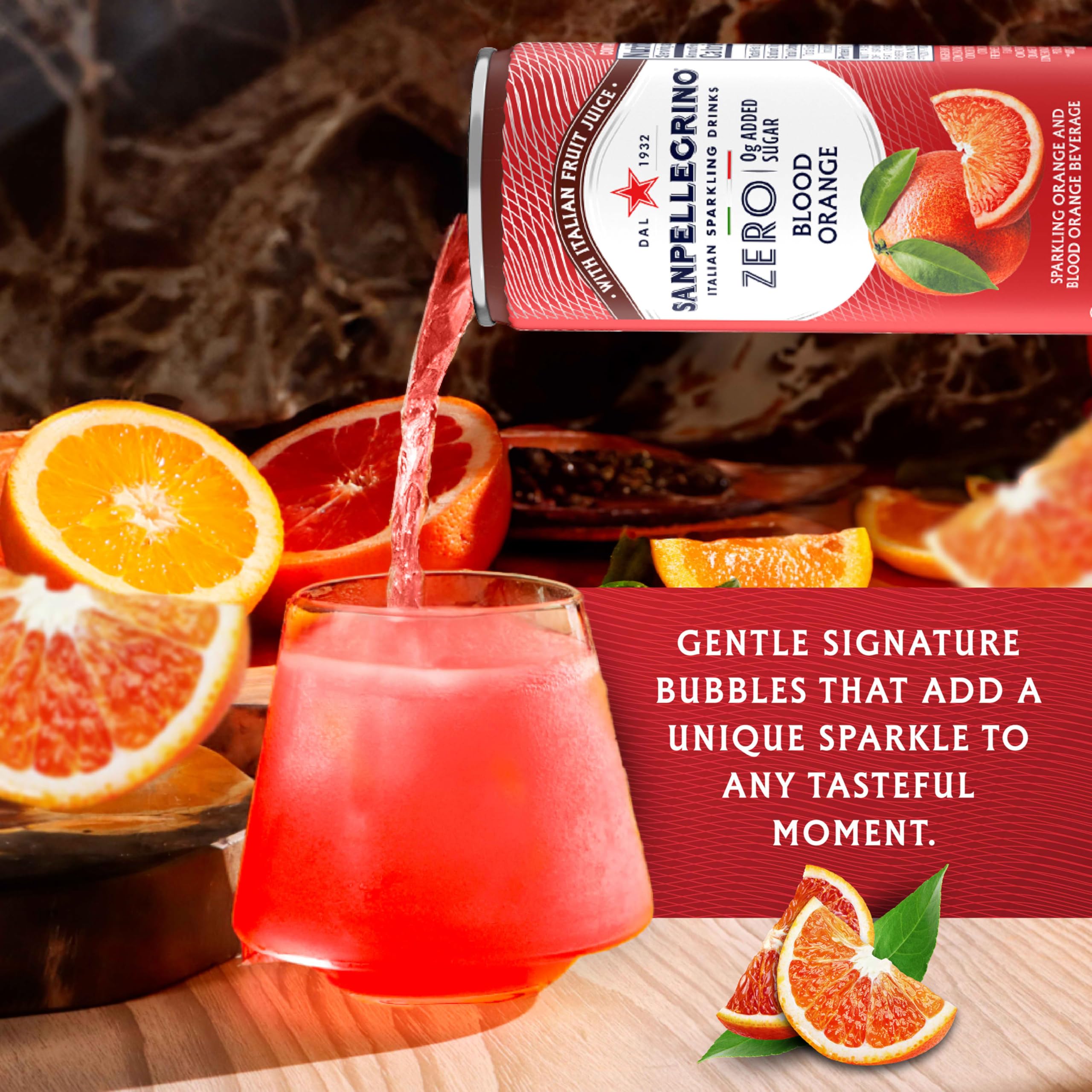 Close-up of Sanpellegrino zero-added-sugar pomegranate orange sparkling