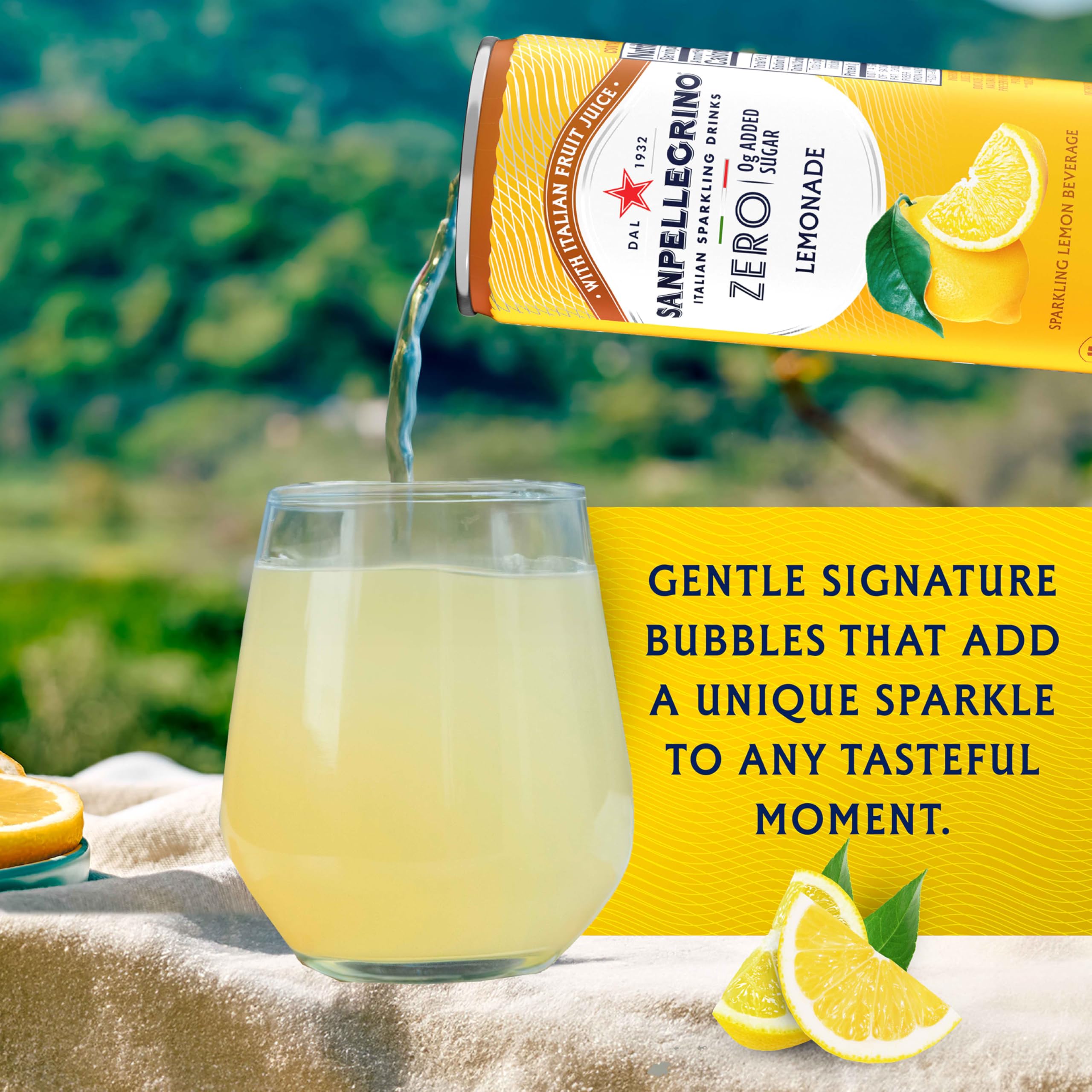 Sanpellegrino Zero Lemonade fruit-juice visual hints at sun-ripened Mediterranean citrus.