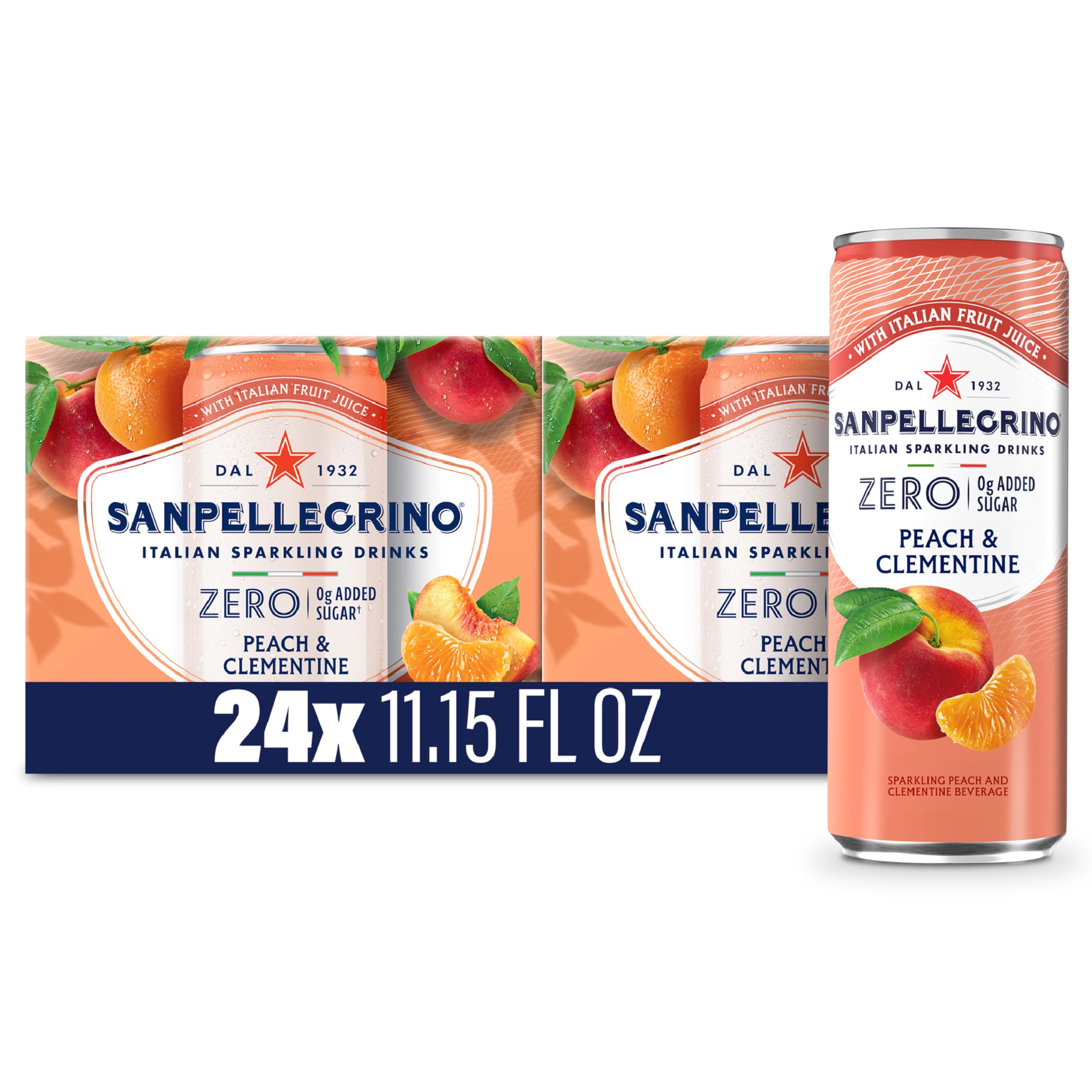 Sanpellegrino Zero Sugar Peach Clementine can – refreshing, low-sugar option for hot days.
