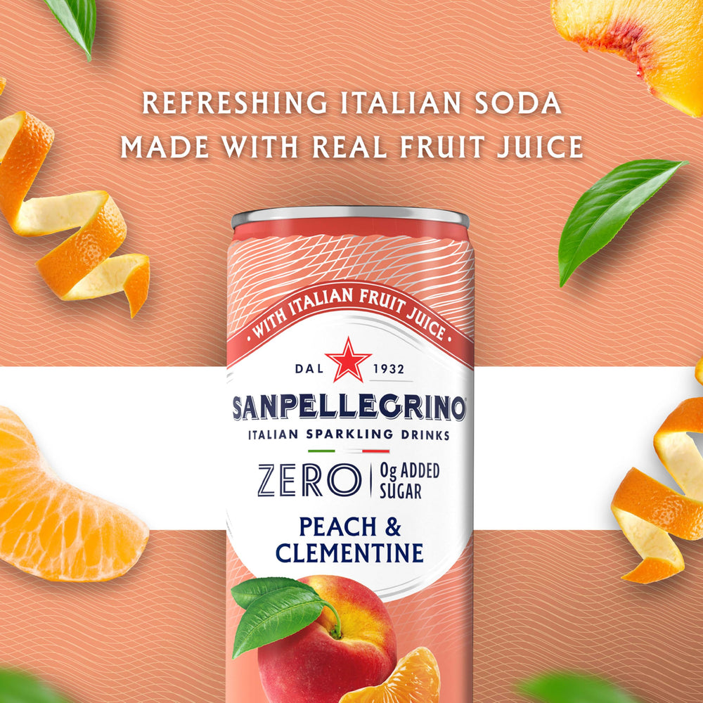 Sanpellegrino Peach Clementine glass closeup – real fruit juice flavor in every sip.