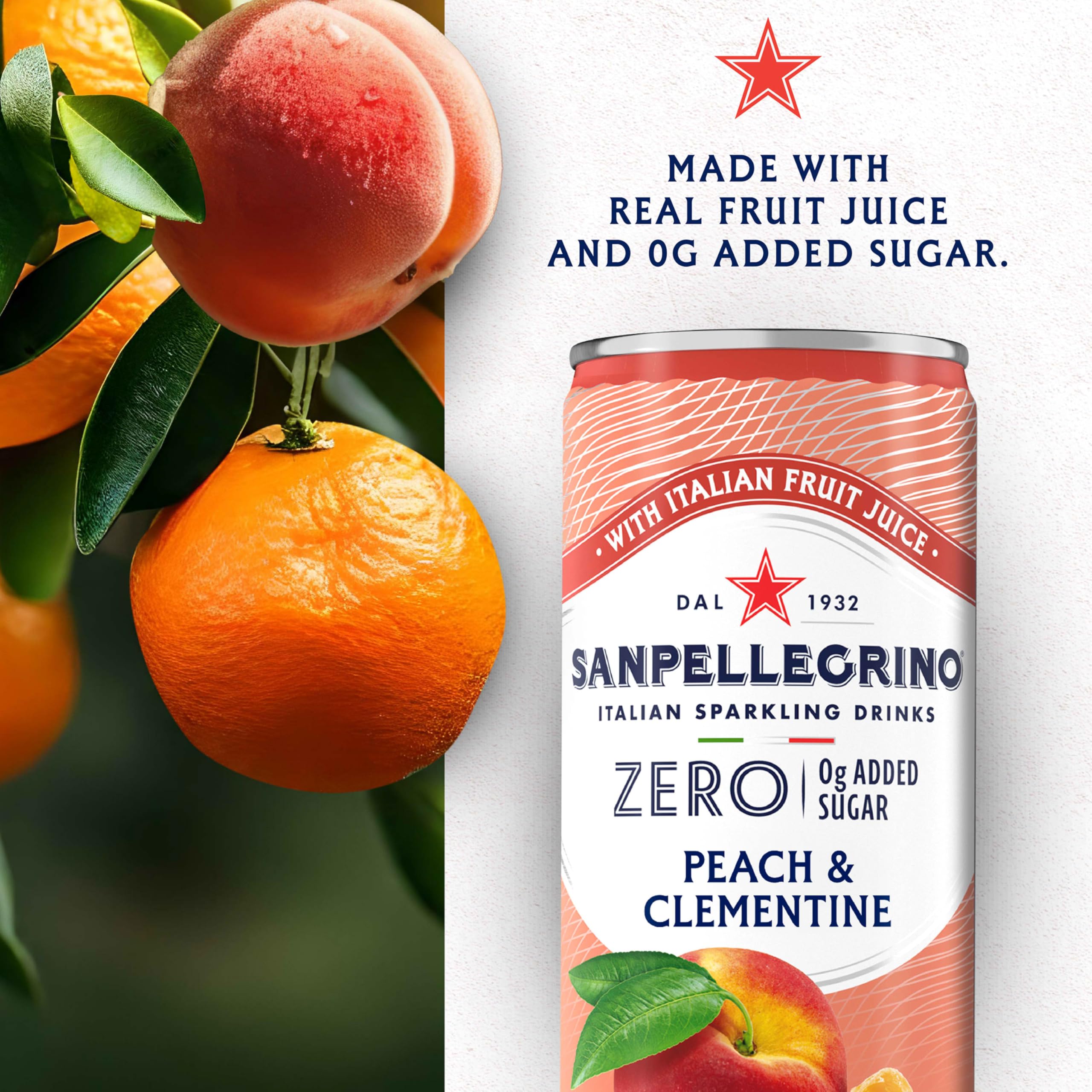 Sanpellegrino Peach Clementine label – authentic Italian sparkling drink on display.