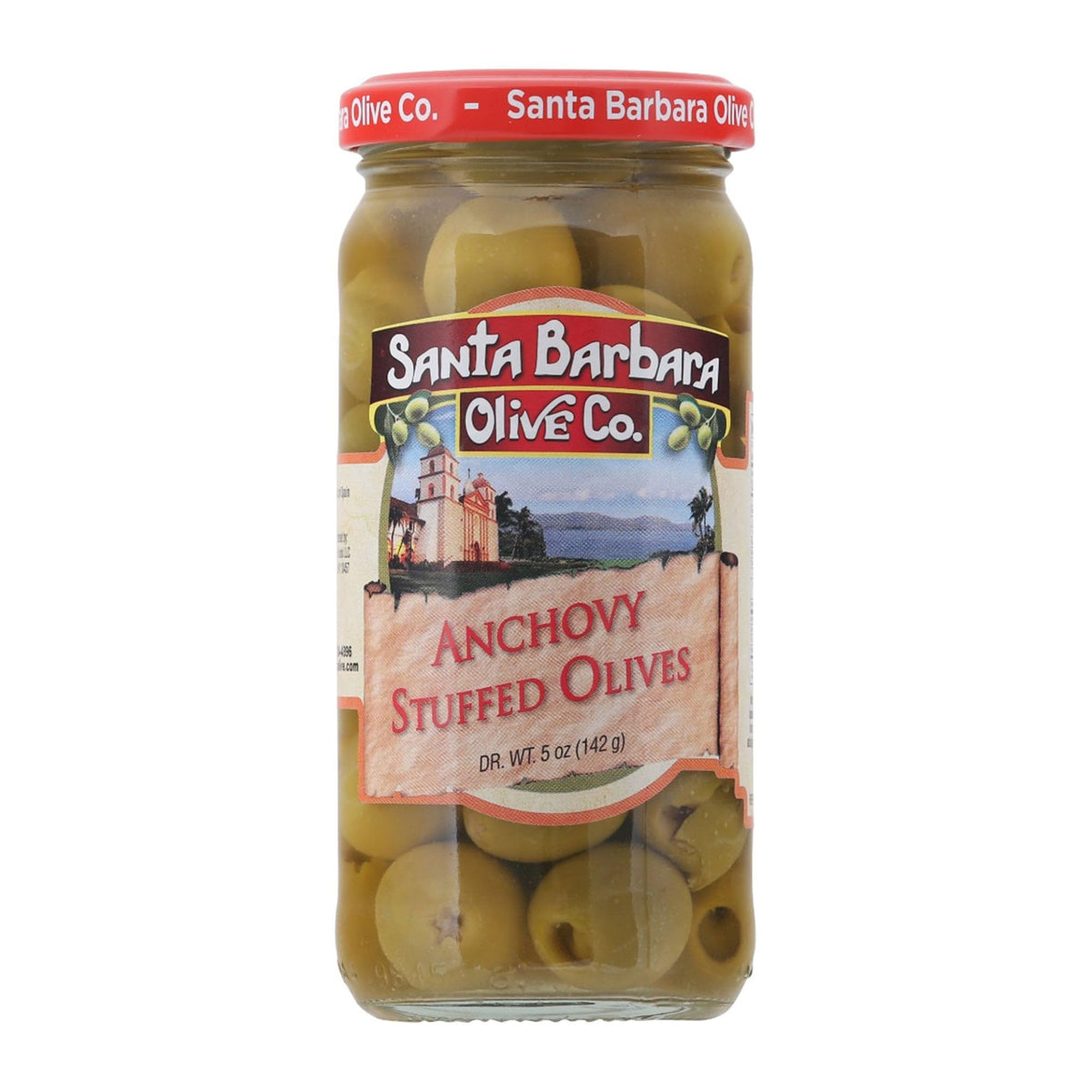 Santa Barbara Anchovy Stuffed Olives 5 oz jar for antipasto.