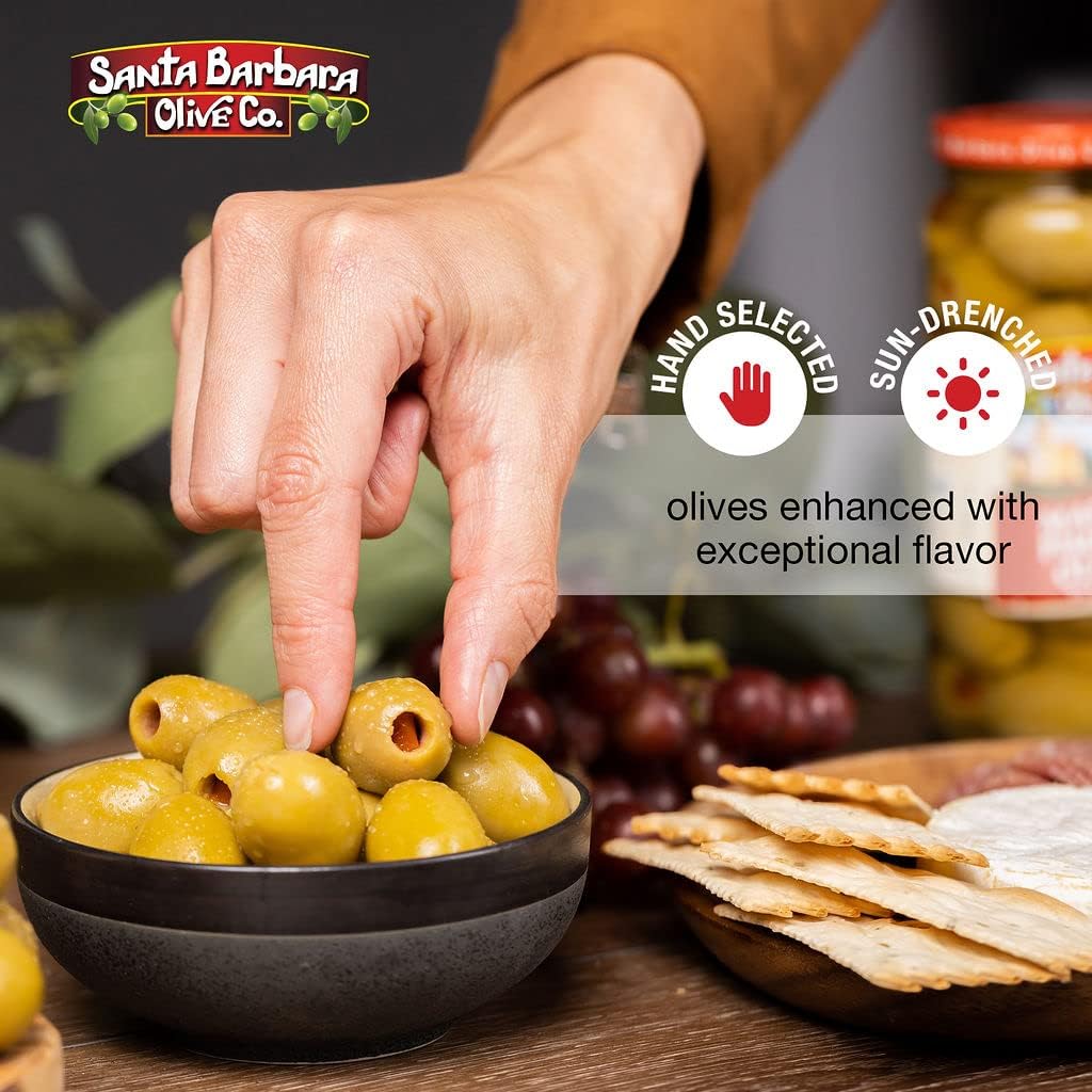 Six jar pack of Santa Barbara Olive Co stuffed olives for entertaining