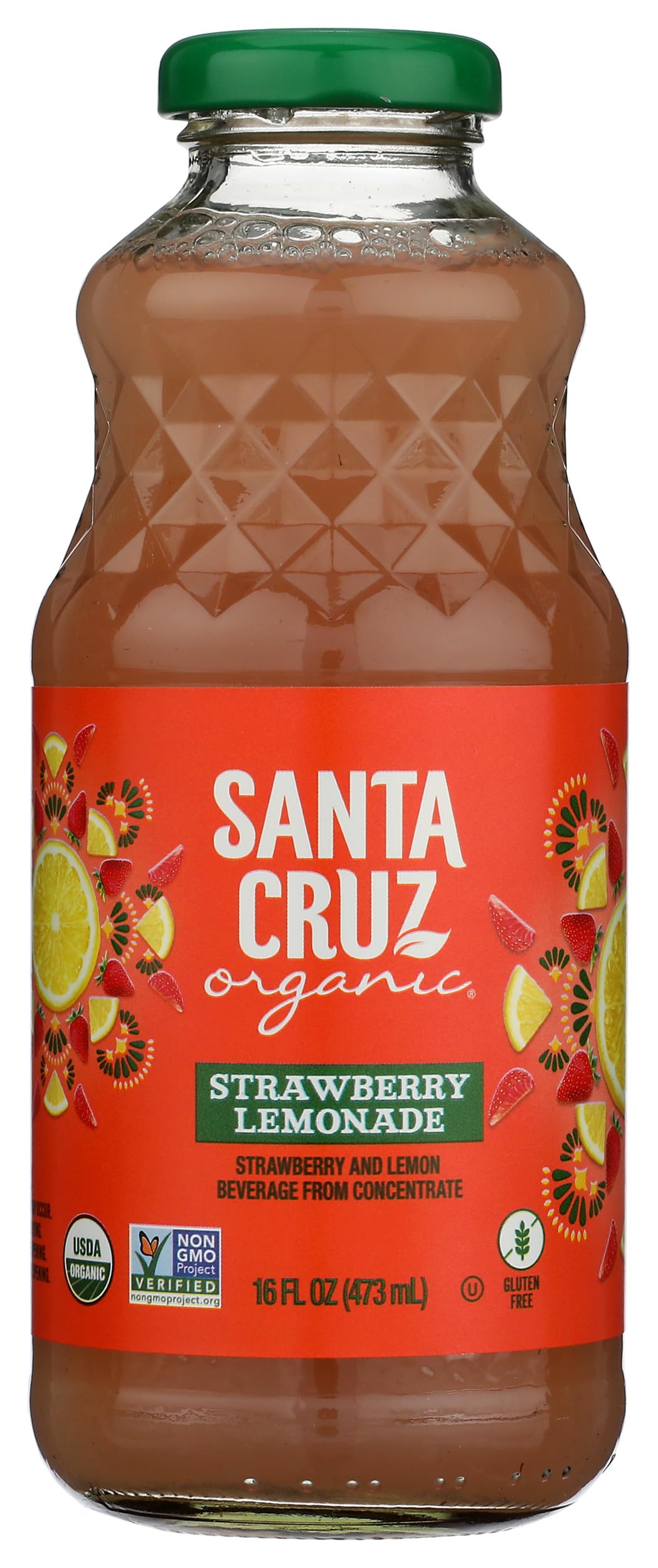 Santa Cruz Organic Lemonade Strawberry bottle packshot, a refreshing fruit beverage.