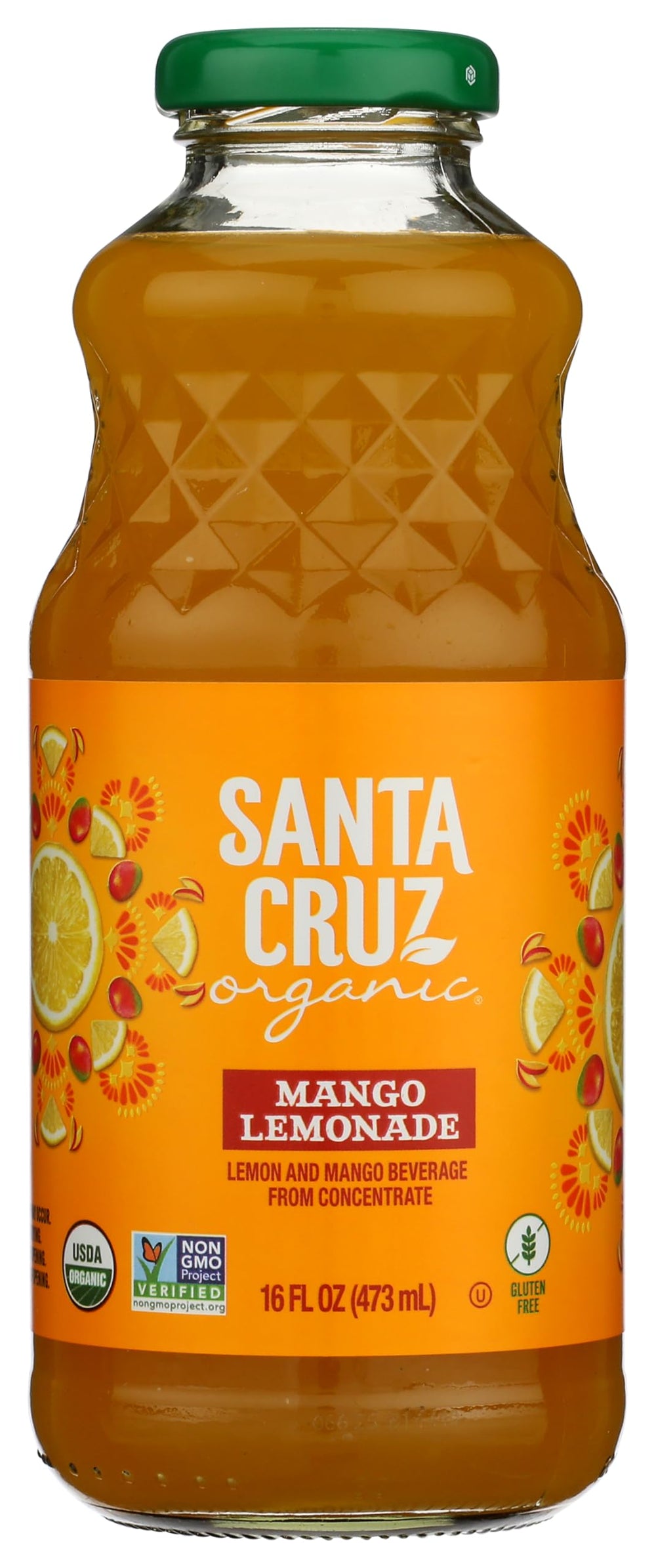 Santa Cruz Organic Mango Lemonade bottle pour showing refreshing citrus flavor for any occasion