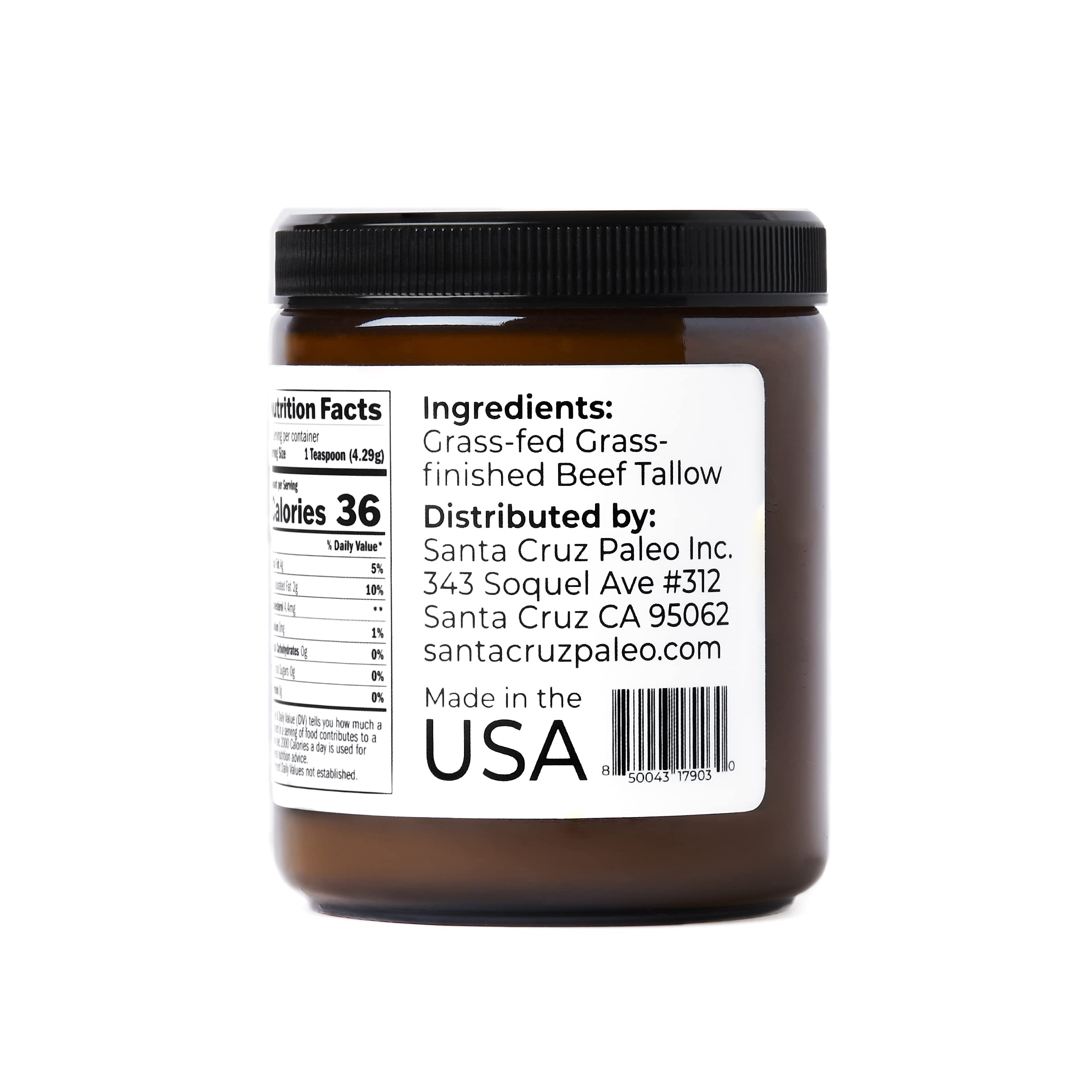 Santa Cruz Paleo 8oz beef tallow container on kitchen counter.