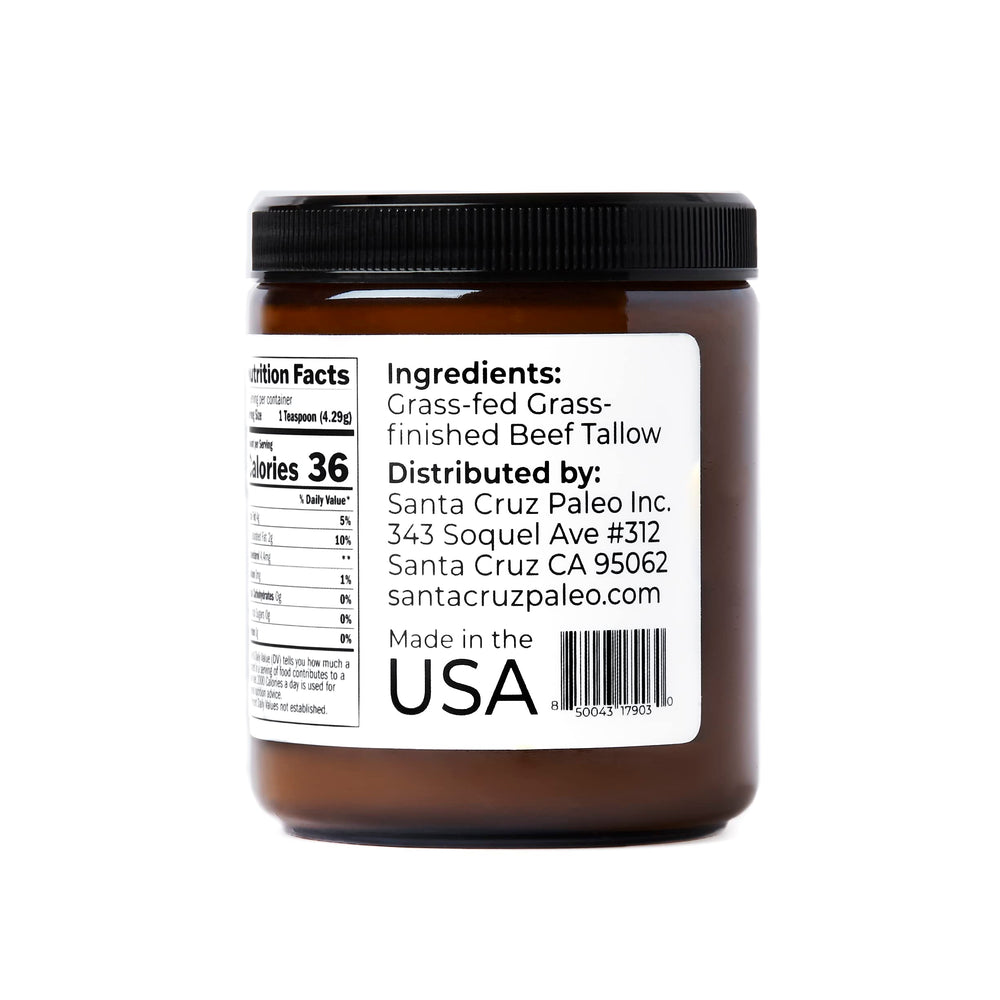 Santa Cruz Paleo 8oz beef tallow container on kitchen counter.