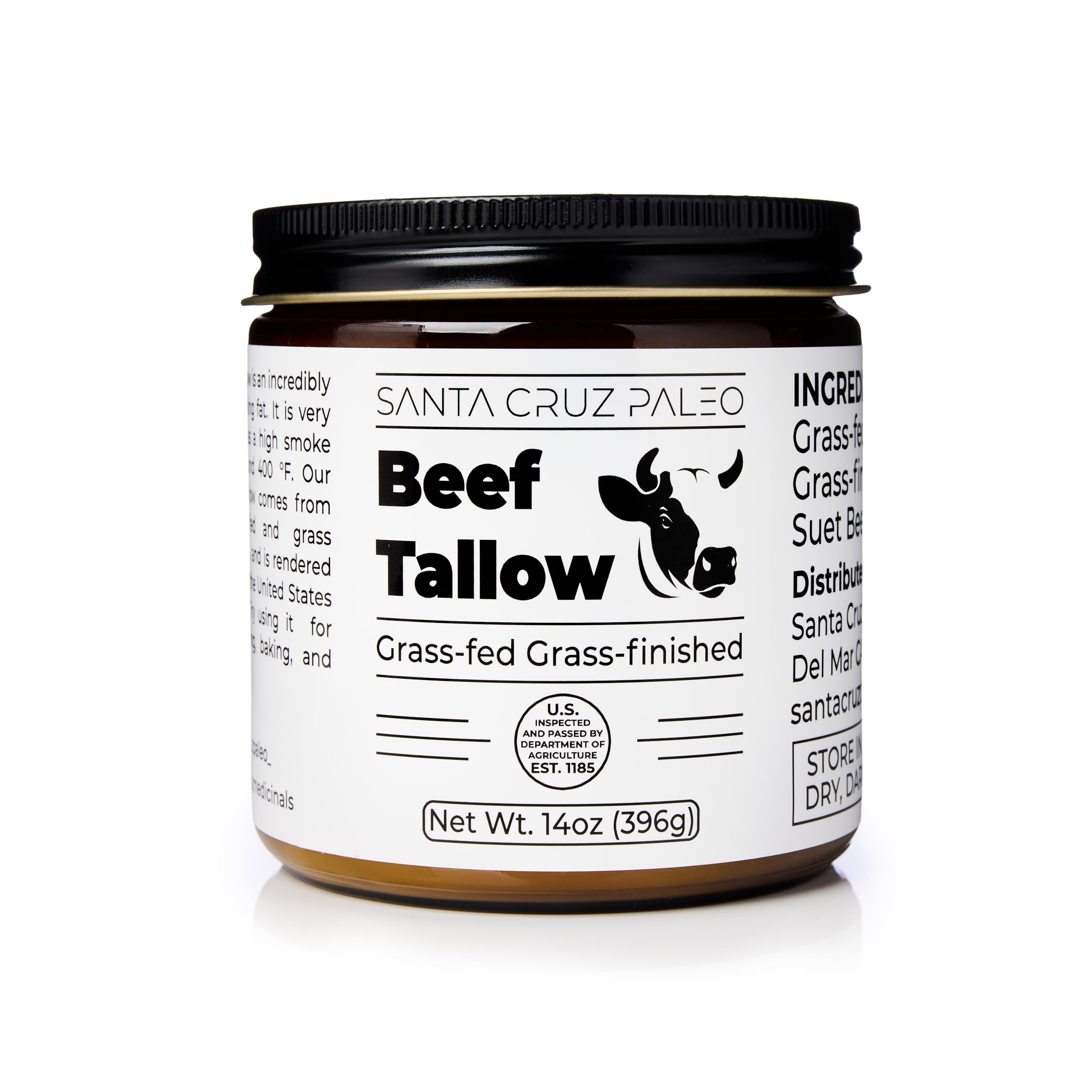 Santa Cruz Paleo Beef Tallow jar close-up shows pure, versatile fat for cooking and skincare.