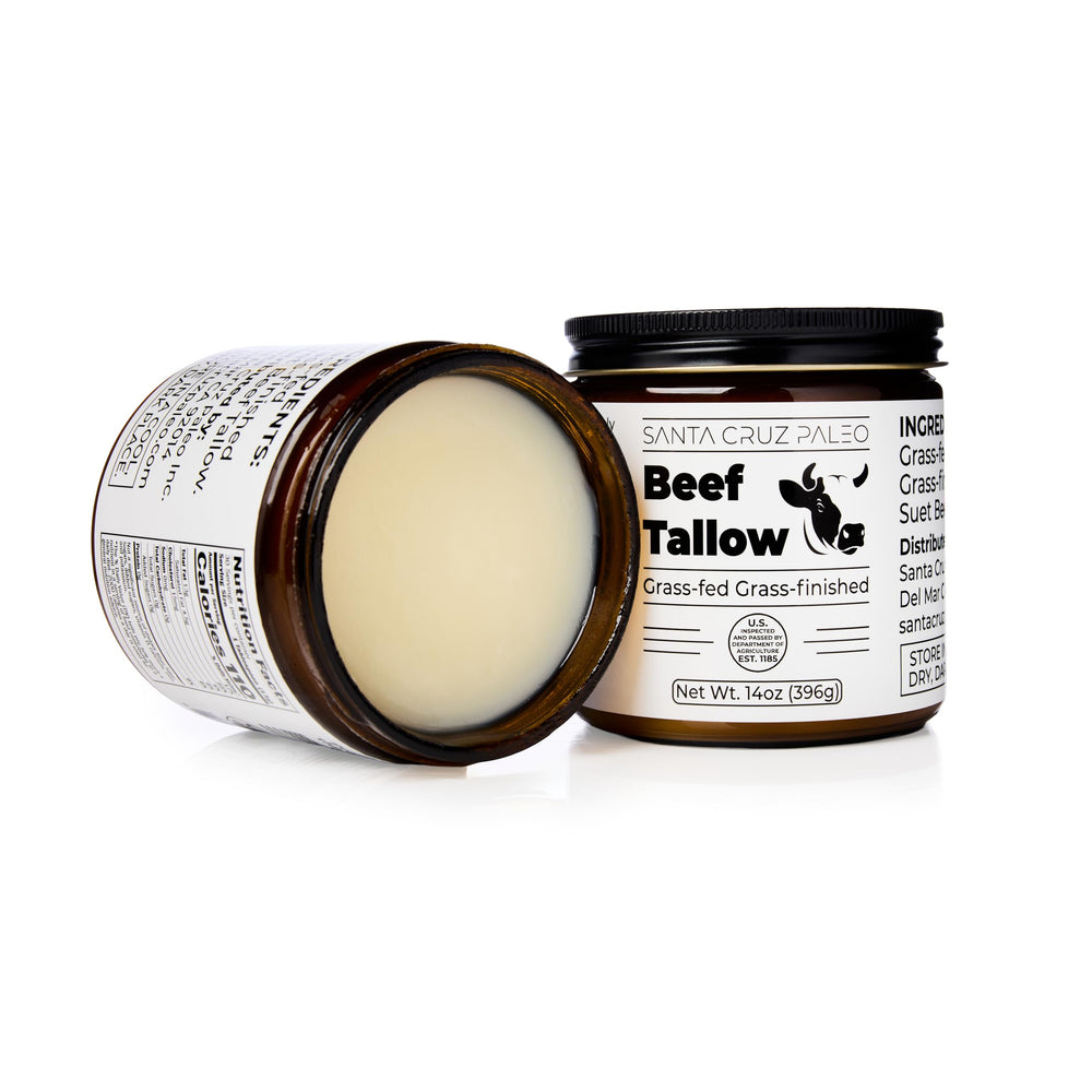 Santa Cruz Paleo Beef Tallow packaging emphasizes grass-fed, single-ingredient quality.