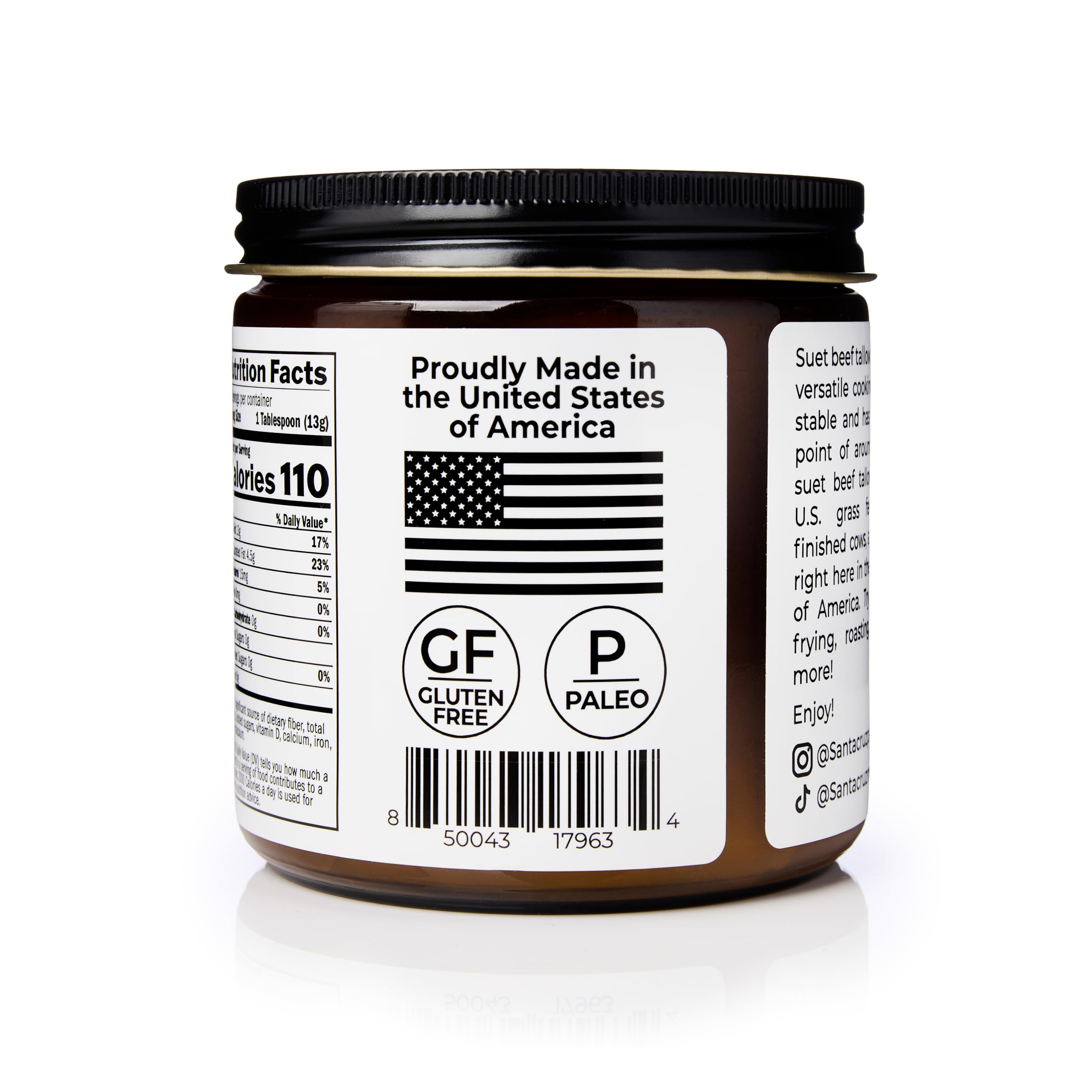 Santa Cruz Paleo Beef Tallow highlights vitamins A, D, E, K for daily use.