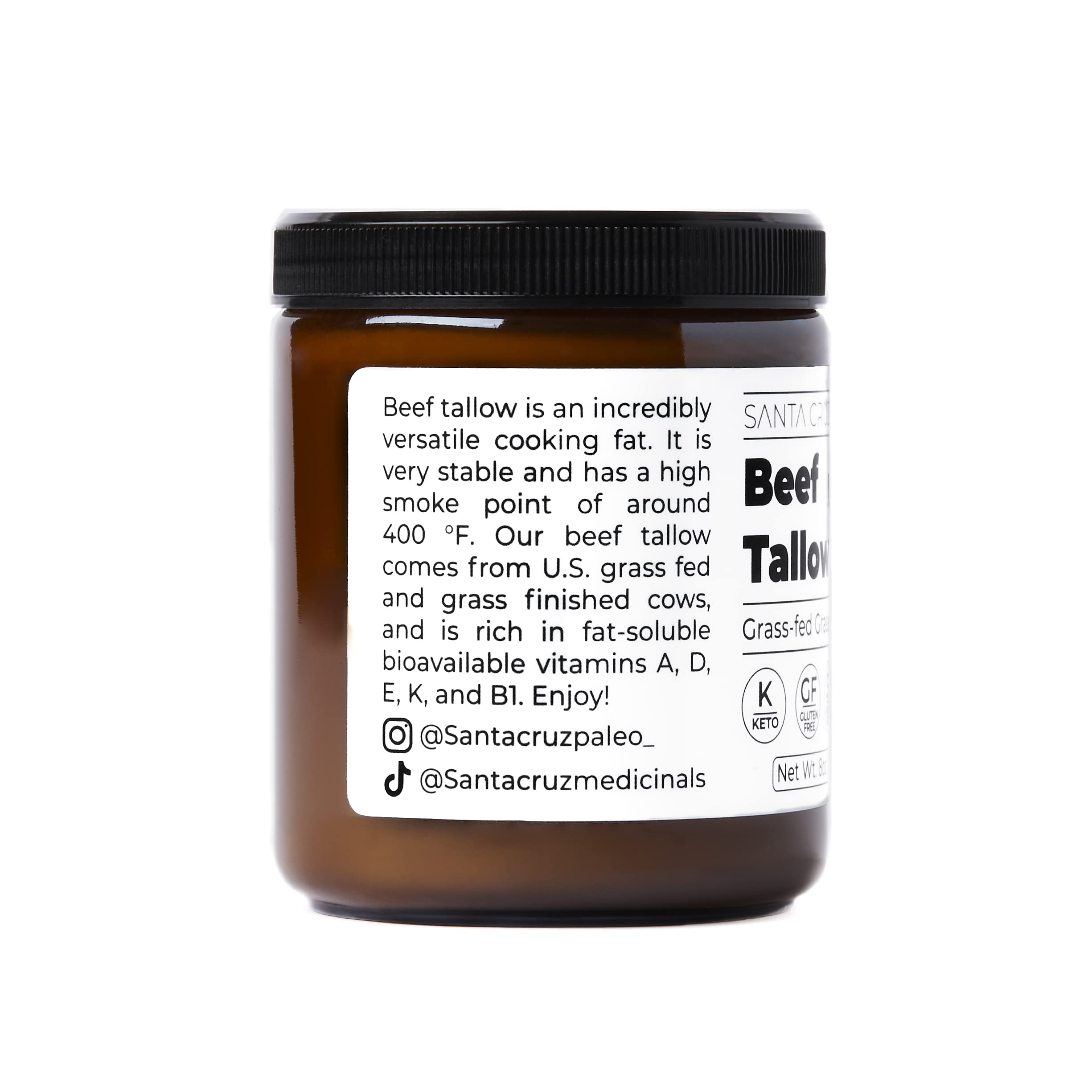 Santa Cruz Paleo Grass-Fed Beef Tallow jar shows simple ingredient.