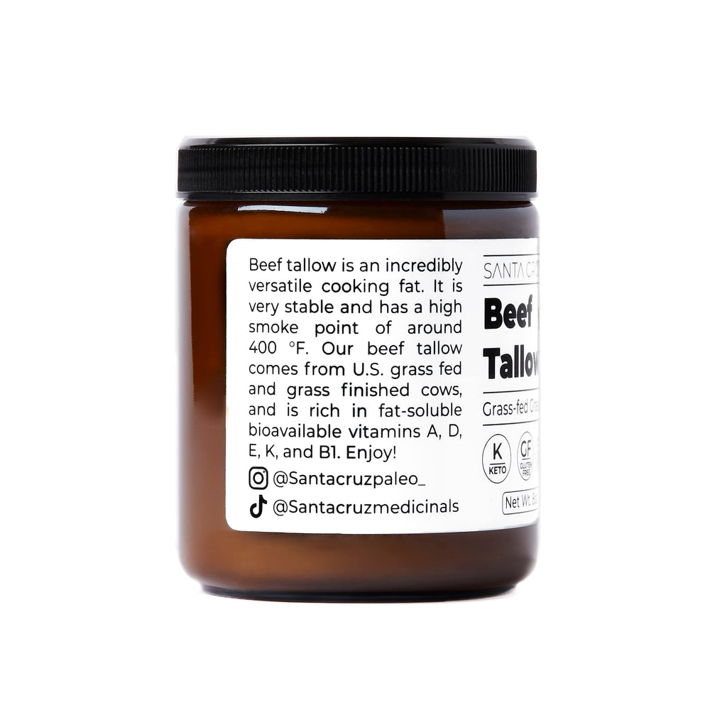 Santa Cruz Paleo Grass-Fed Beef Tallow jar shows simple ingredient.