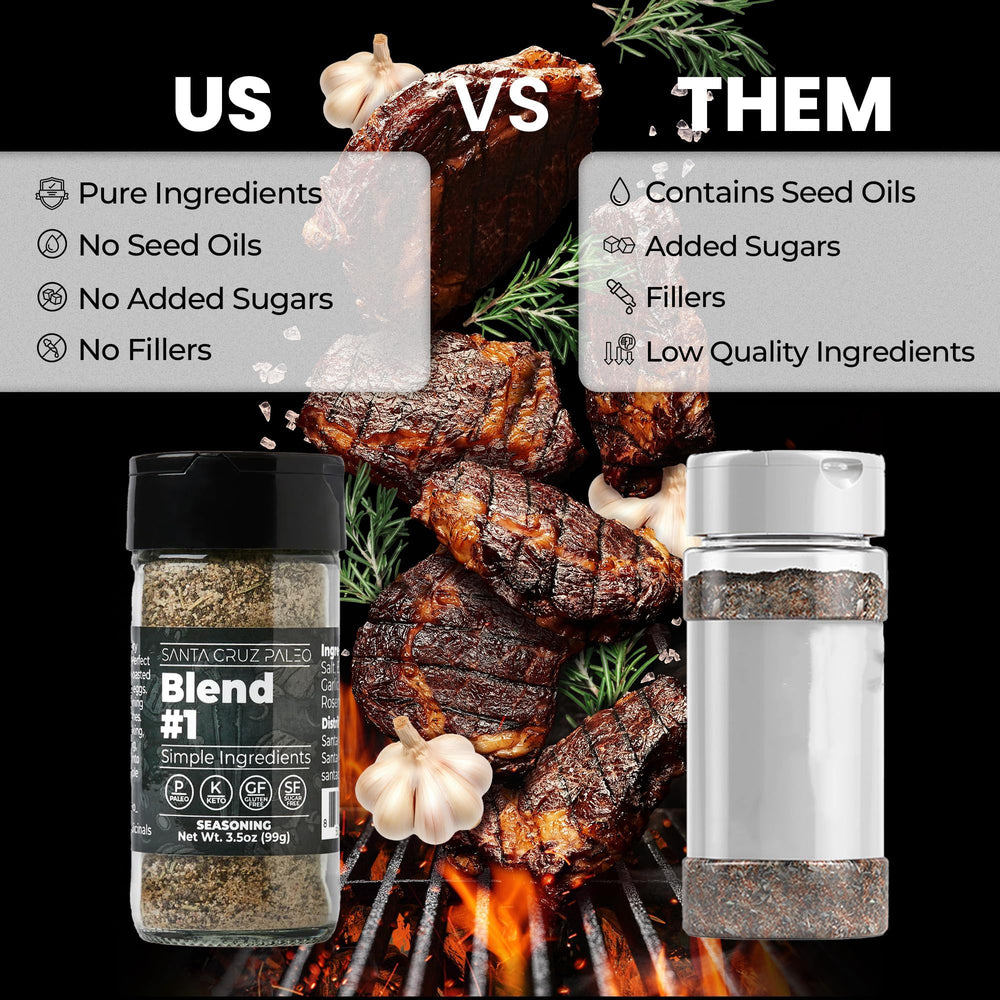 Santa Cruz Paleo Seasoning Blend label closeup highlights four-ingredient simplicity for everyday cooking.