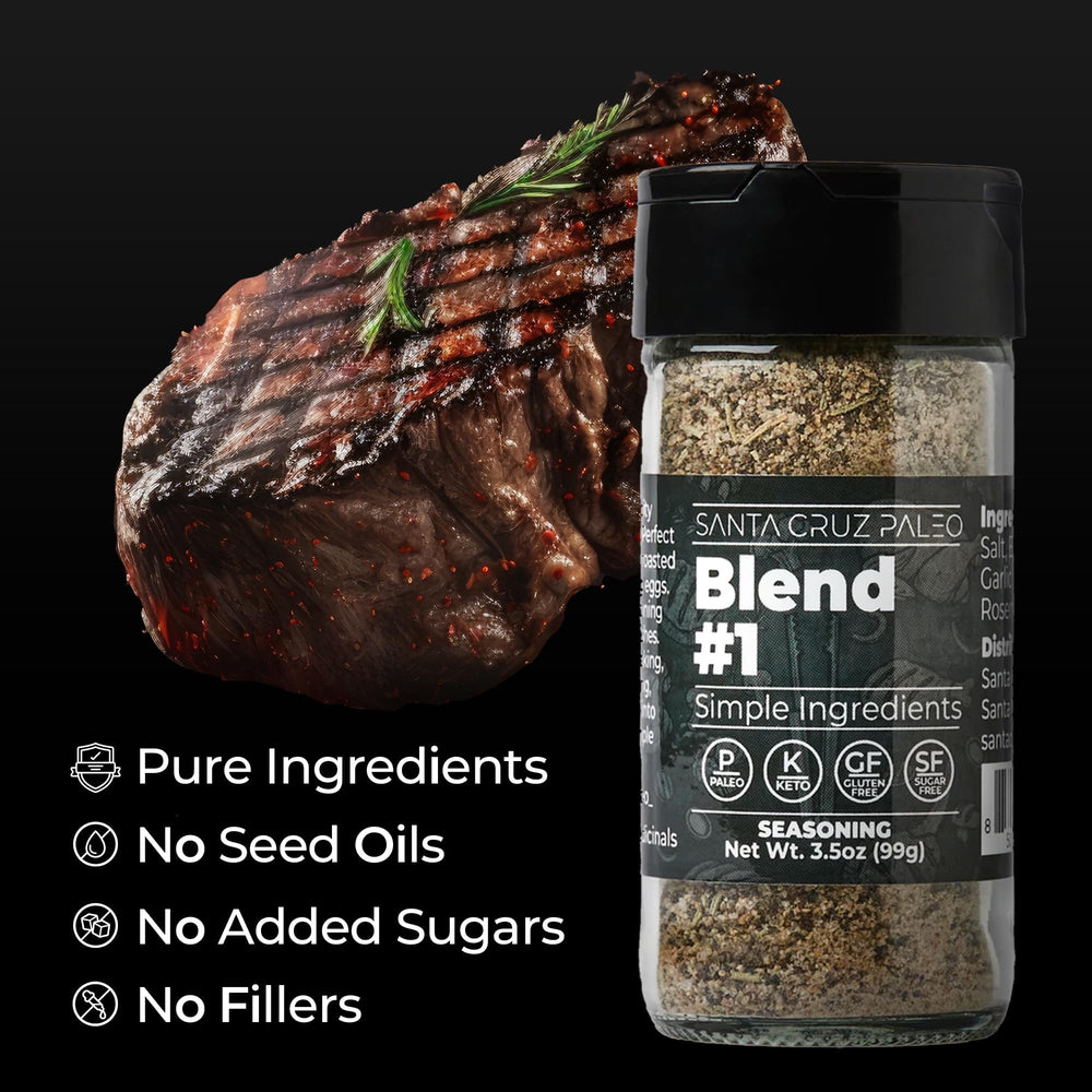 Santa Cruz Paleo Seasoning Blend sprinkled on steak for a balanced aromatic crust.