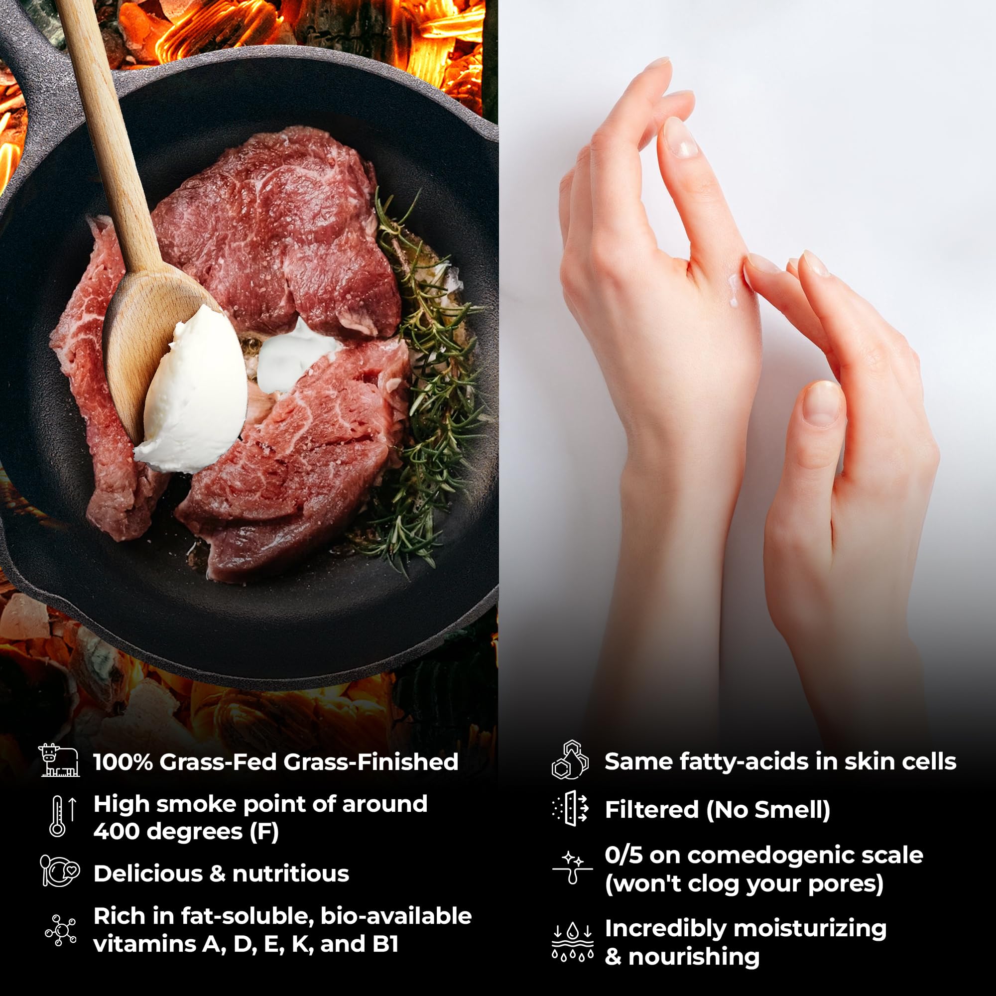 Santa Cruz Paleo Beef Tallow with vitamin B1 for cooking versatility.