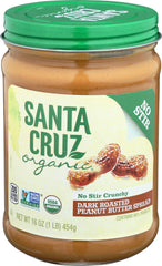 Santa Cruz Organic peanut butter dark roast 16oz front jar for rich flavor and easy spreading