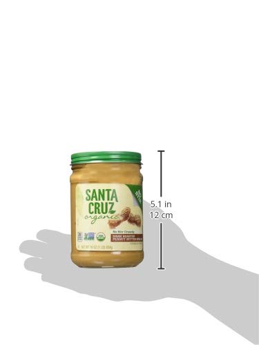 Santa Cruz Organic peanut butter 16oz jar on kitchen counter for quick breakfast
