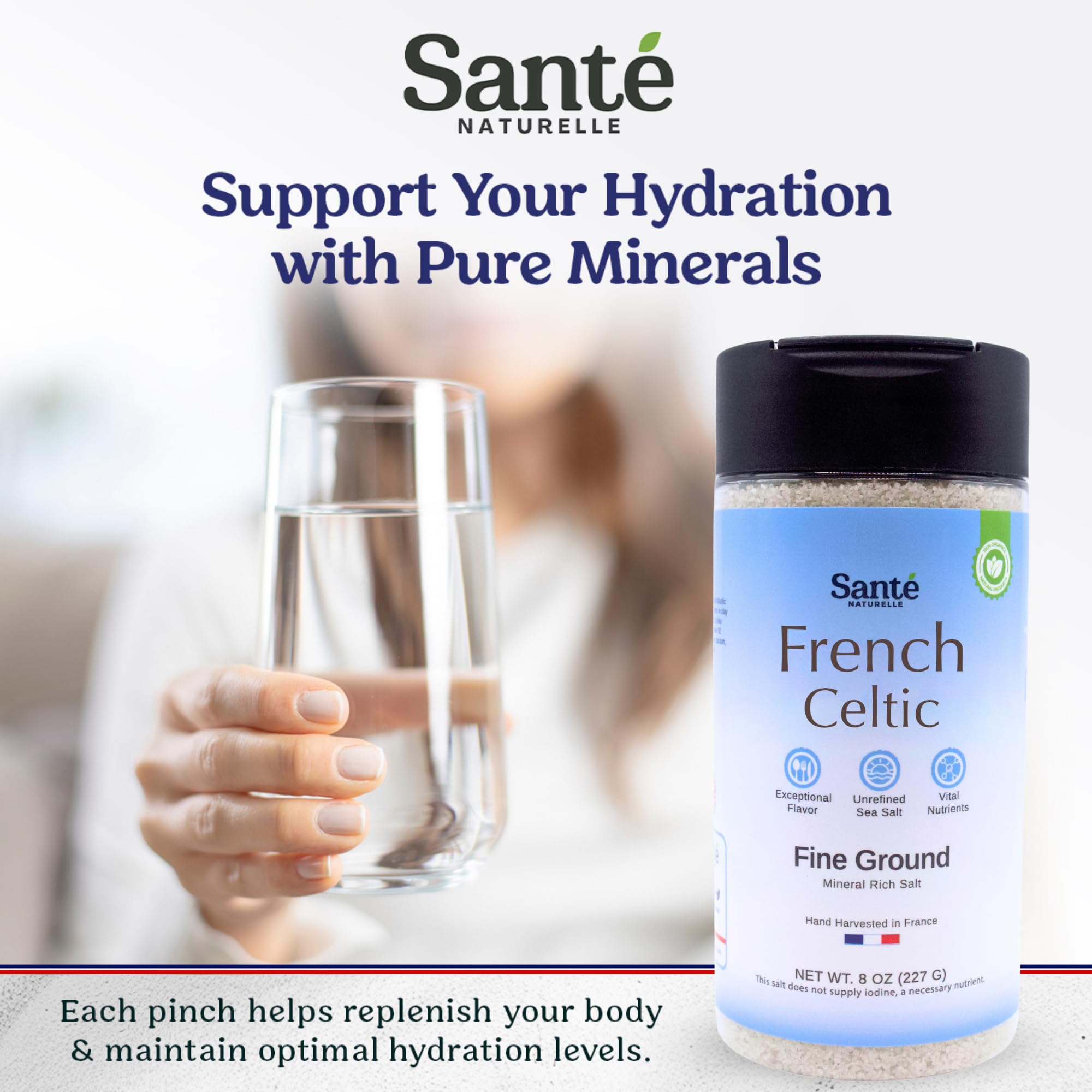 Sante Naturelle 8 oz sea salt shaker ready for home kitchens.