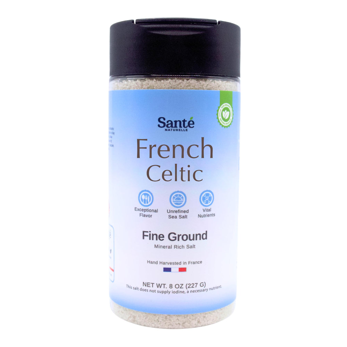 Sante Naturelle Celtic Salt canister displays fine crystals ideal for finishing dishes.