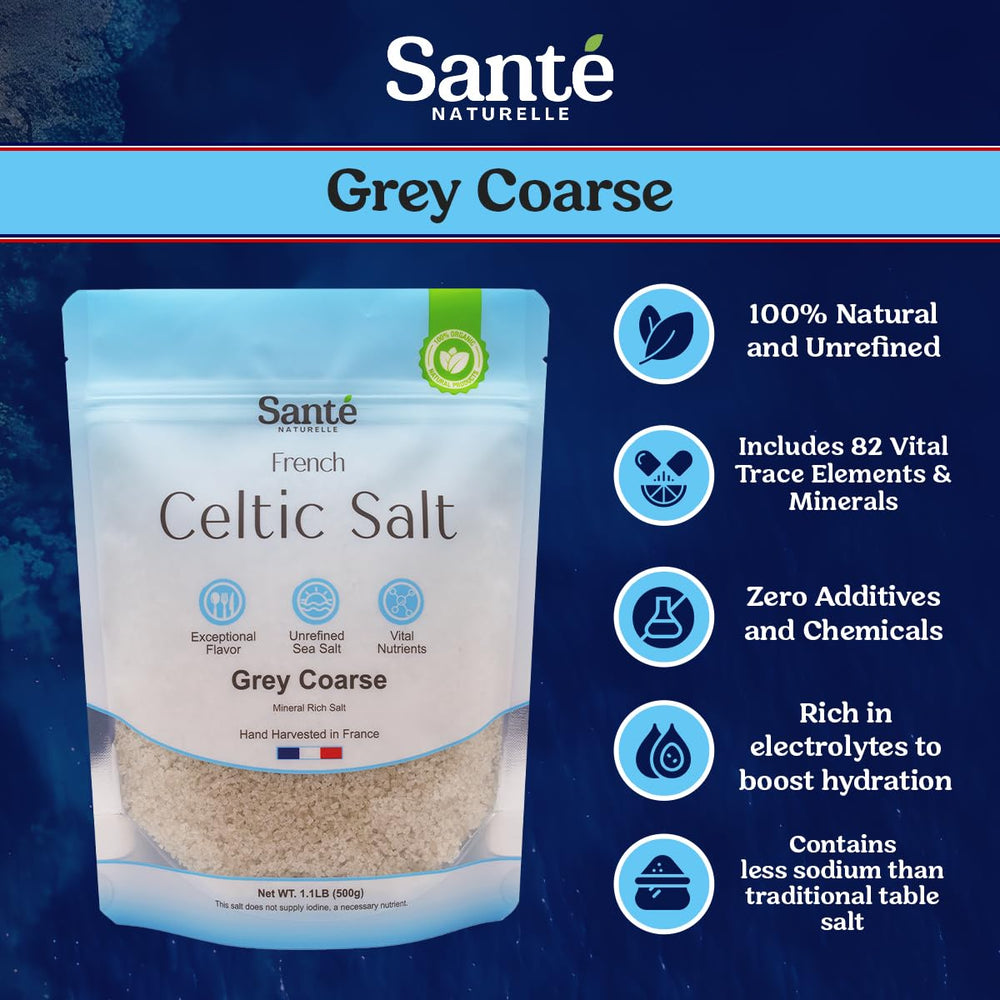 Sante Naturelle Celtic Salt Grey Coarse bag display showing natural, unrefined salt.
