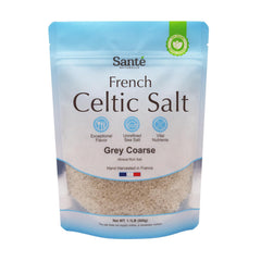 Sante Naturelle Celtic Salt Grey Coarse bottle closeup showing unrefined crystals for cooking.