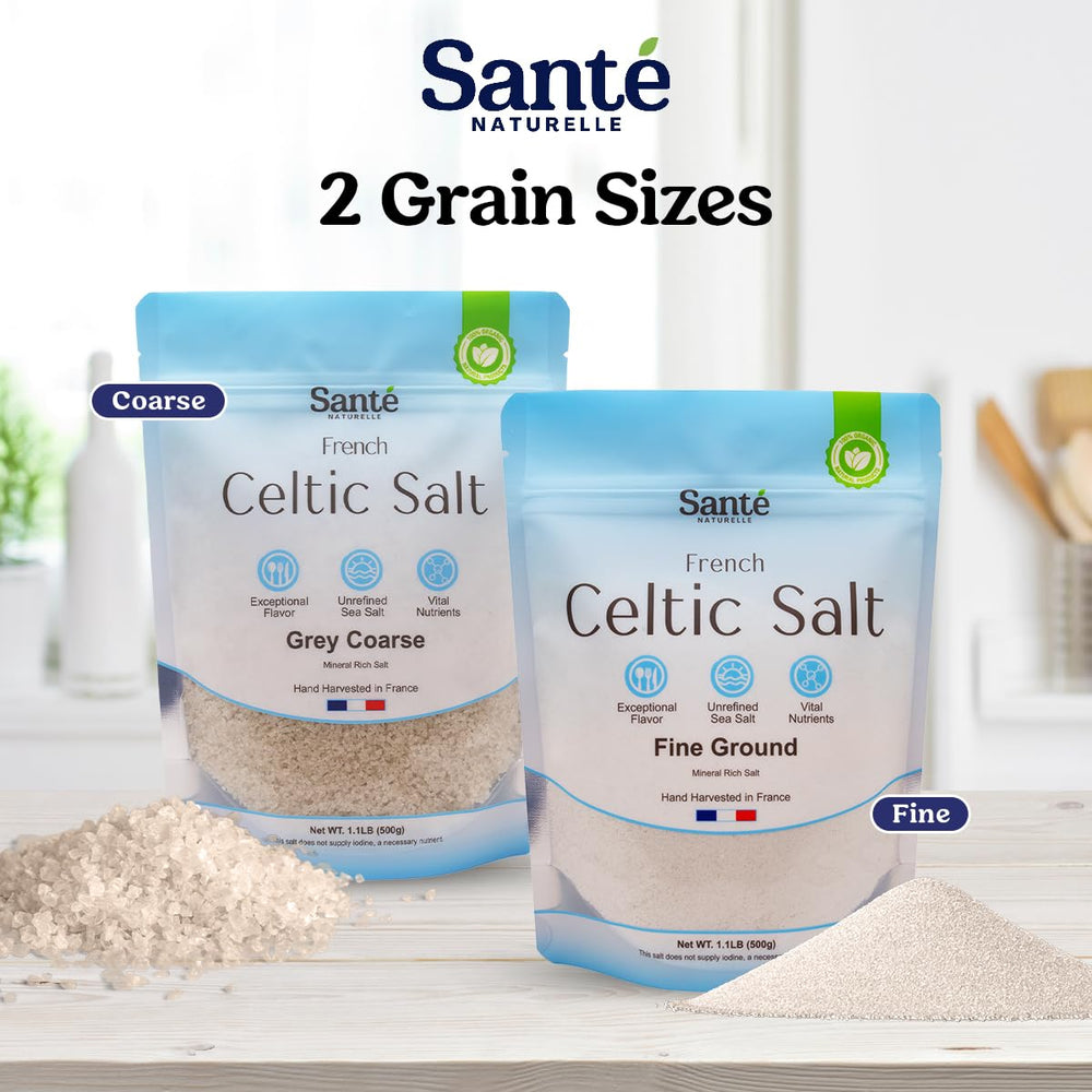 Sante Naturelle Celtic Salt Grey Coarse bottle mockup—beautiful kitchen staple with 82+ minerals.