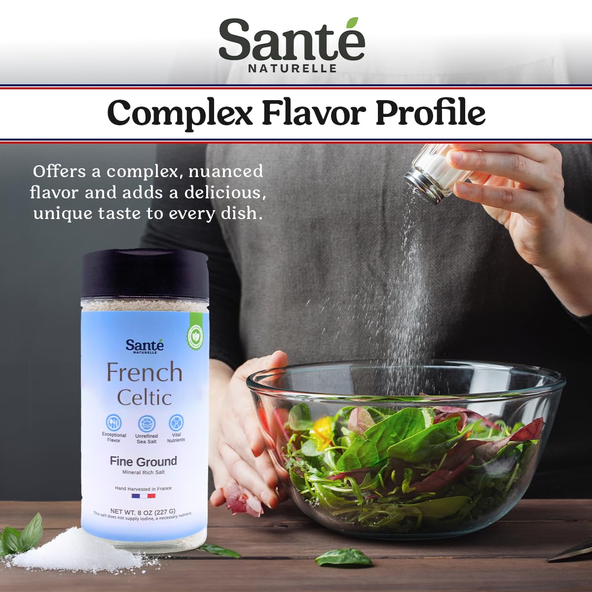 Sante Naturelle mineral-rich Celtic salt emphasizing 82+ minerals for balanced flavor.