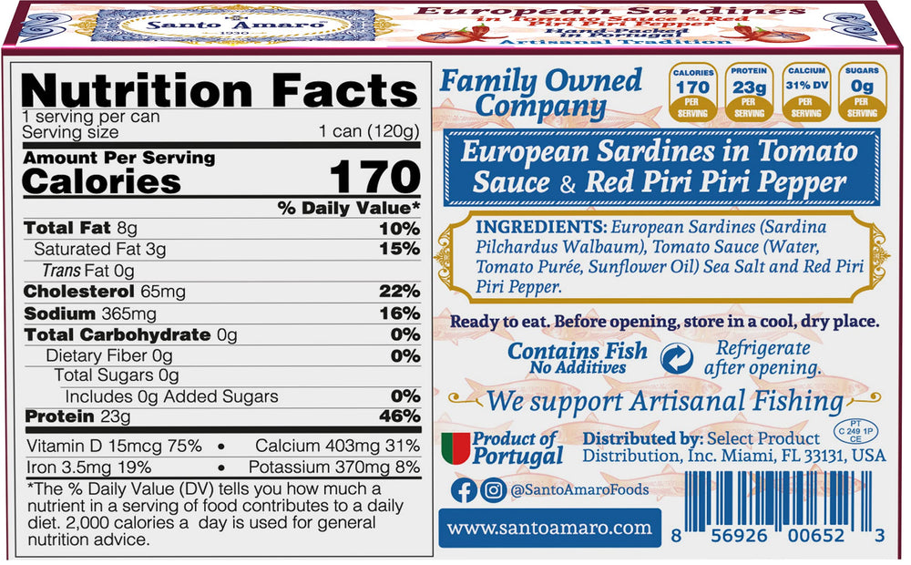 Santo Amaro sardines with red piri piri pepper can, bold heat and tangy base.