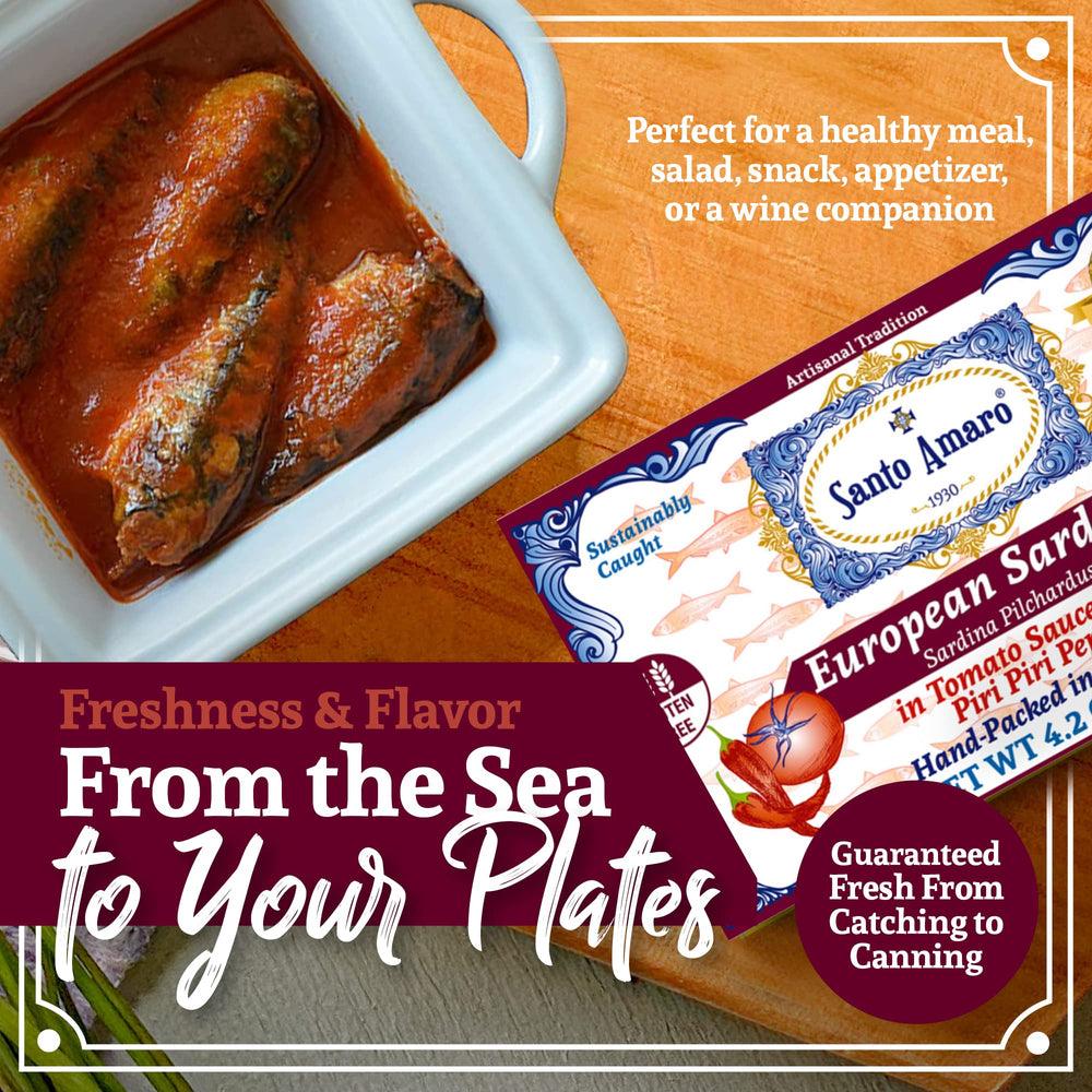 Santo Amaro sardines shown with salad, taco, or pasta for quick meals.