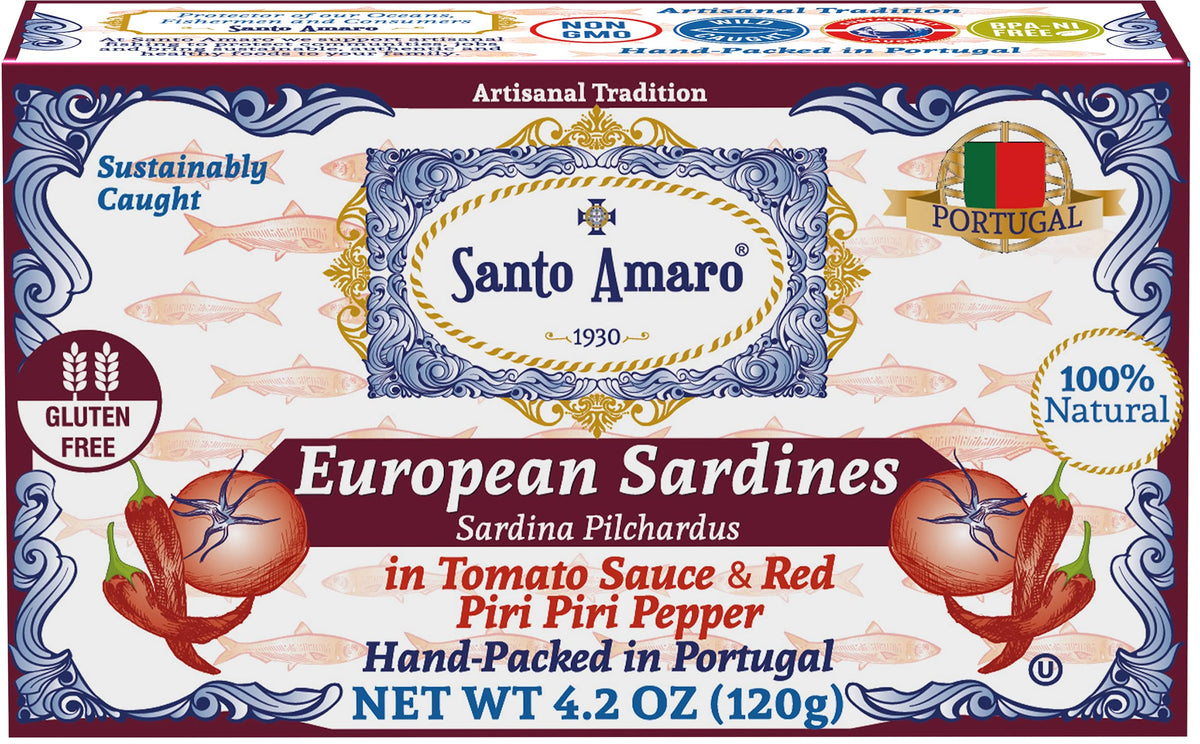 Santo Amaro sardines in tomato sauce can, rich flavor and versatile pantry staple.