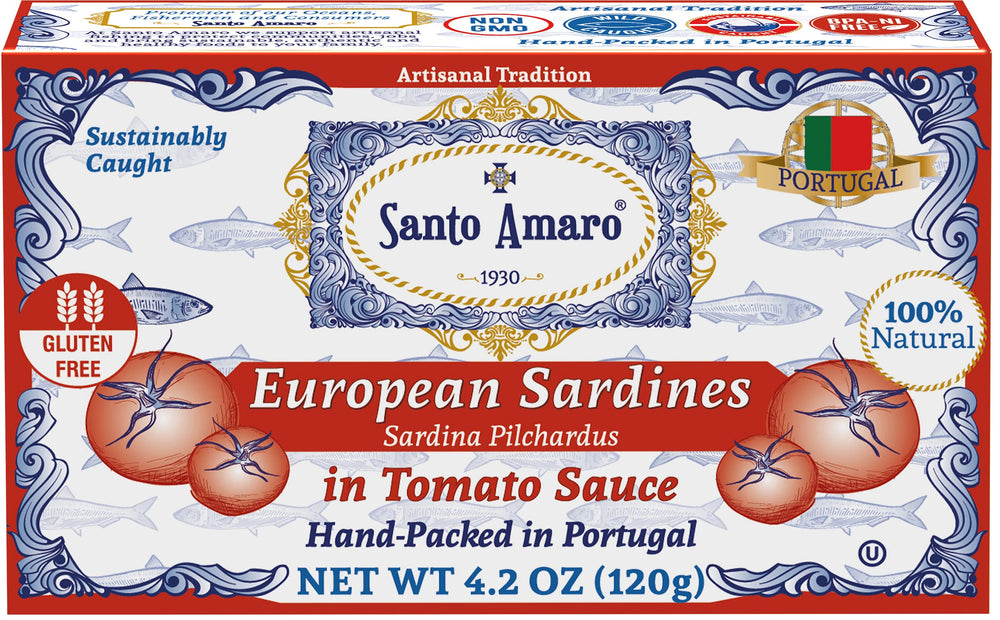 Santo Amaro sardines in tomato sauce cans on a shelf for easy pantry meals