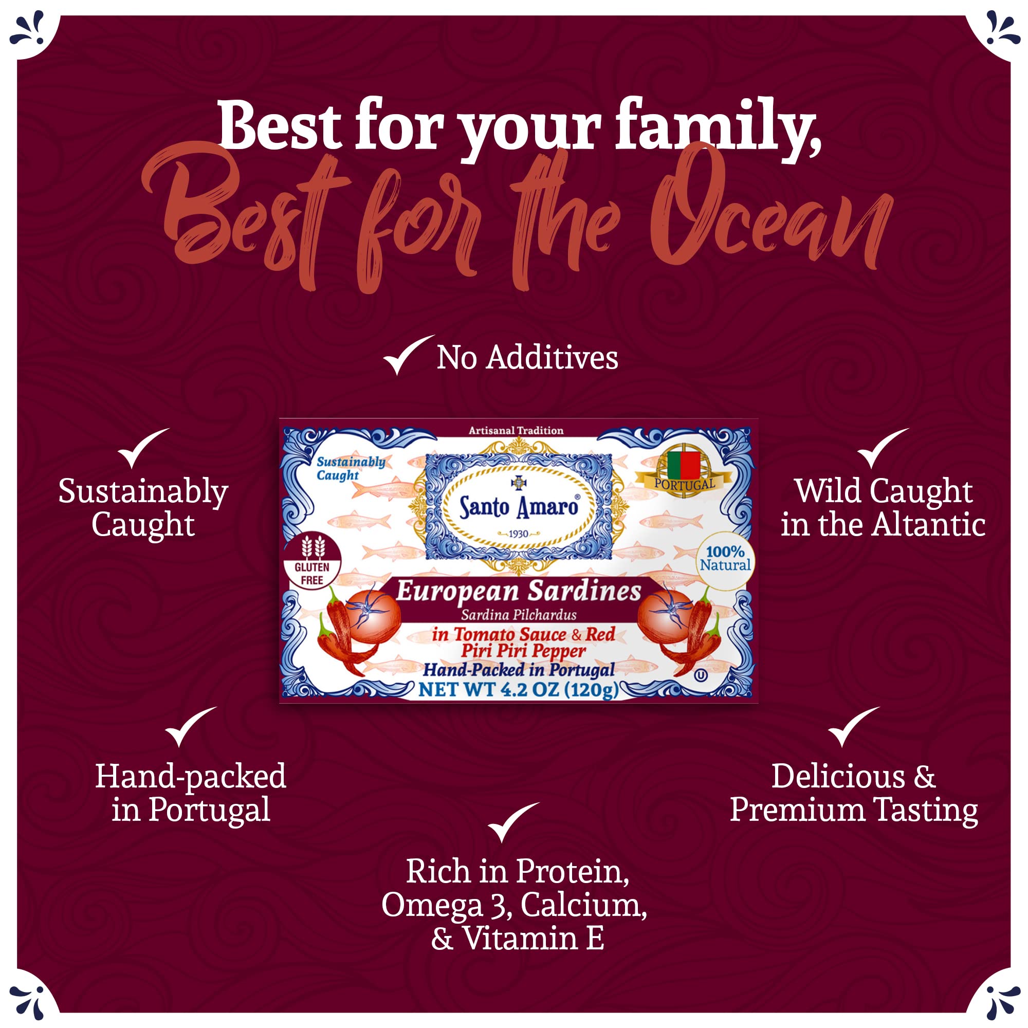 Santo Amaro wild caught sardines from Northeastern Atlantic for sustainability.