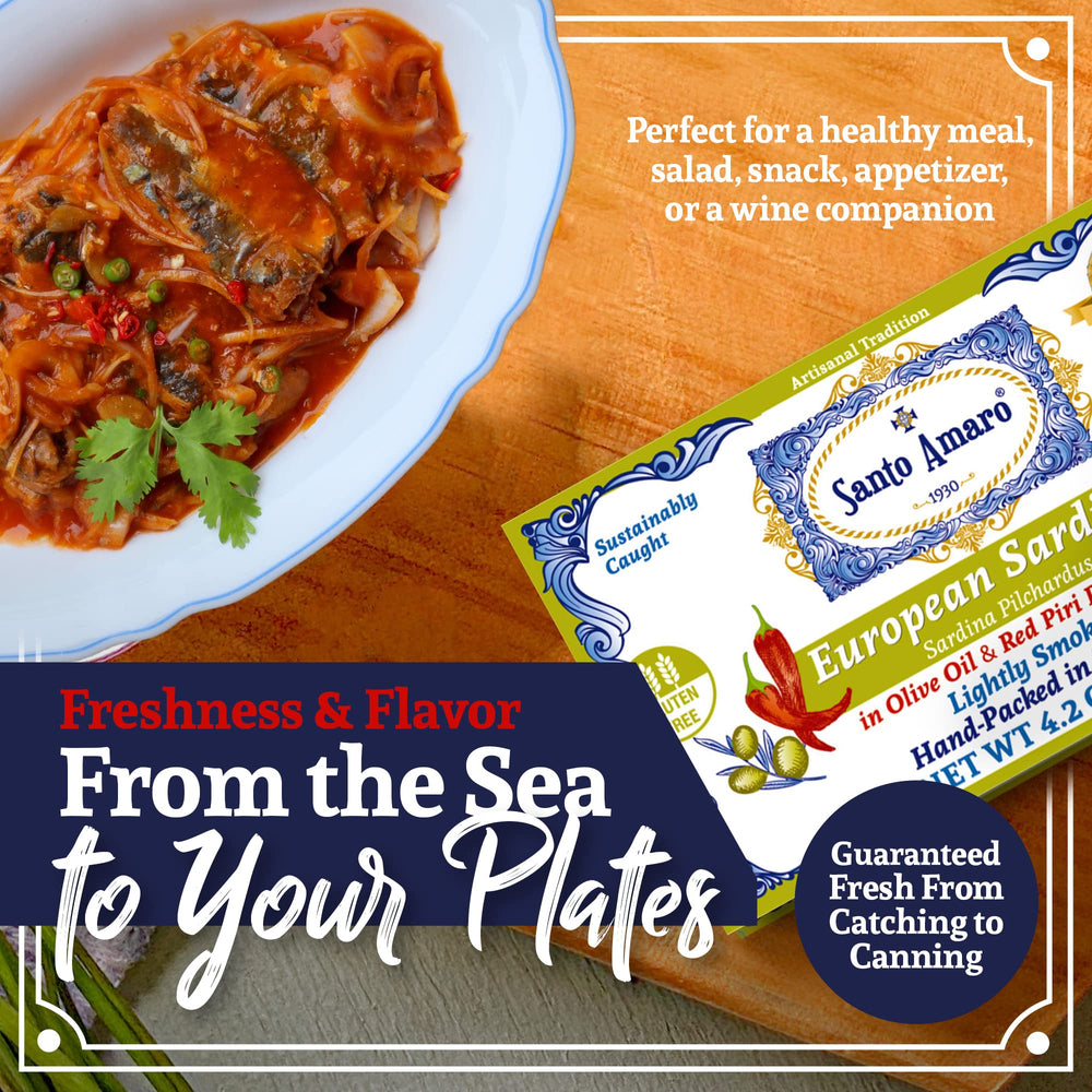 Santo Amaro wild-caught sardines, sustainable fishing imagery.