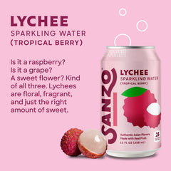 Sanzo Lychee sparkling water glass with ice, crisp and refreshing.