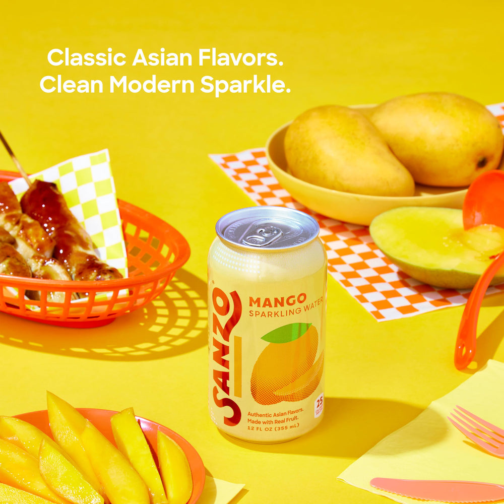 Sanzo Mango label close-up shows natural ingredients and real fruit.