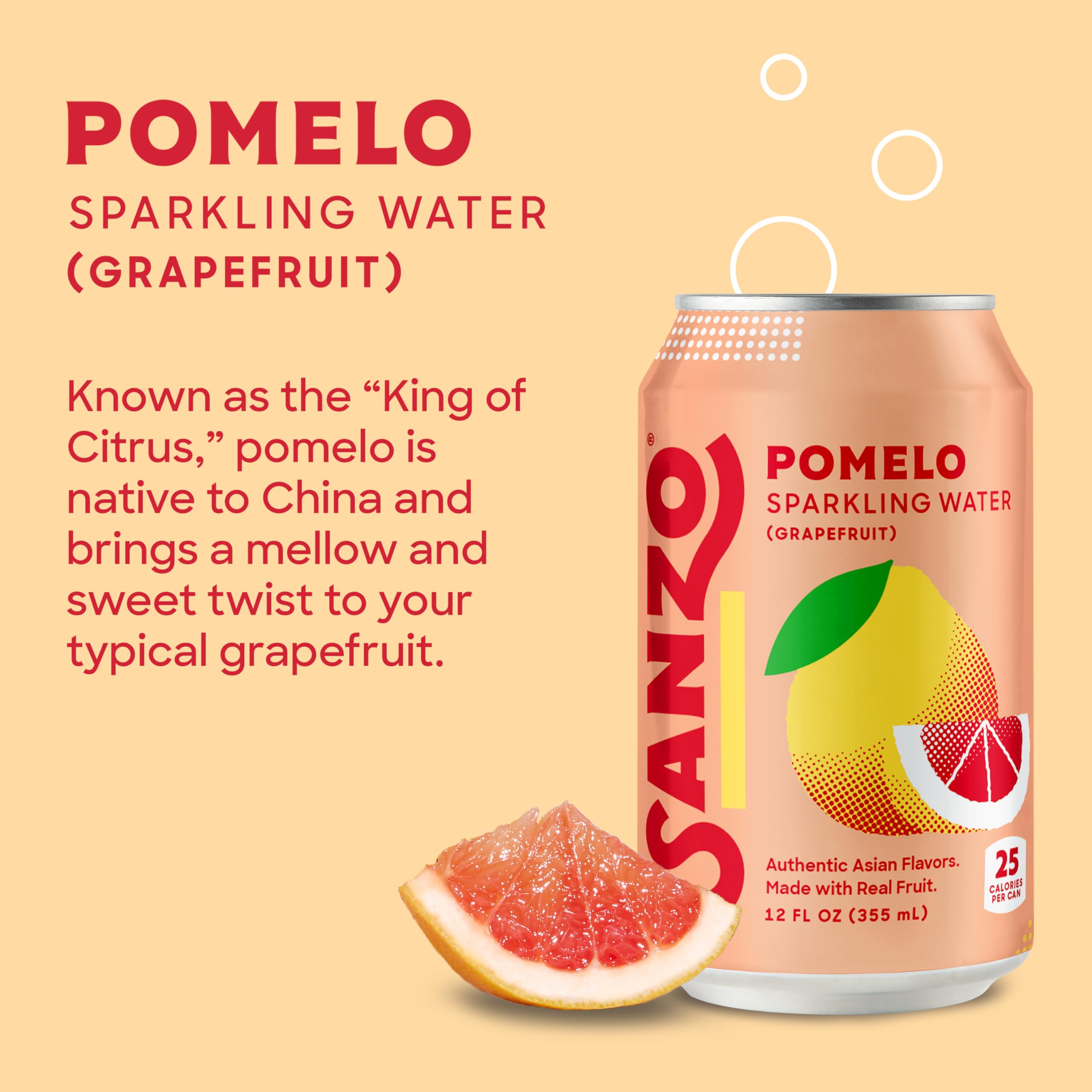 Sanzo label closeup highlighting real fruit ingredients and citrus aroma.
