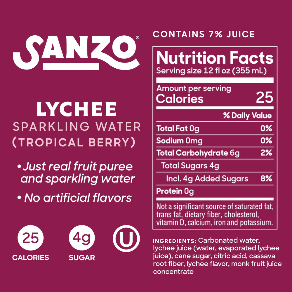 Sanzo Tropical Berry can on shelf shows a vibrant, low-calorie refreshment option.