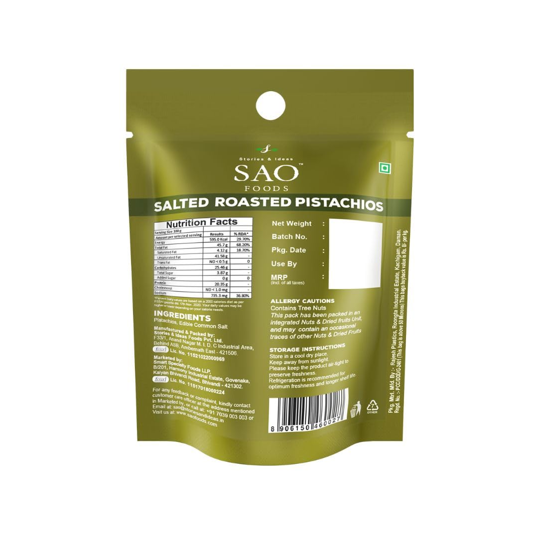 SAO Foods pistachios in shell ready in a portable on-the-go package.