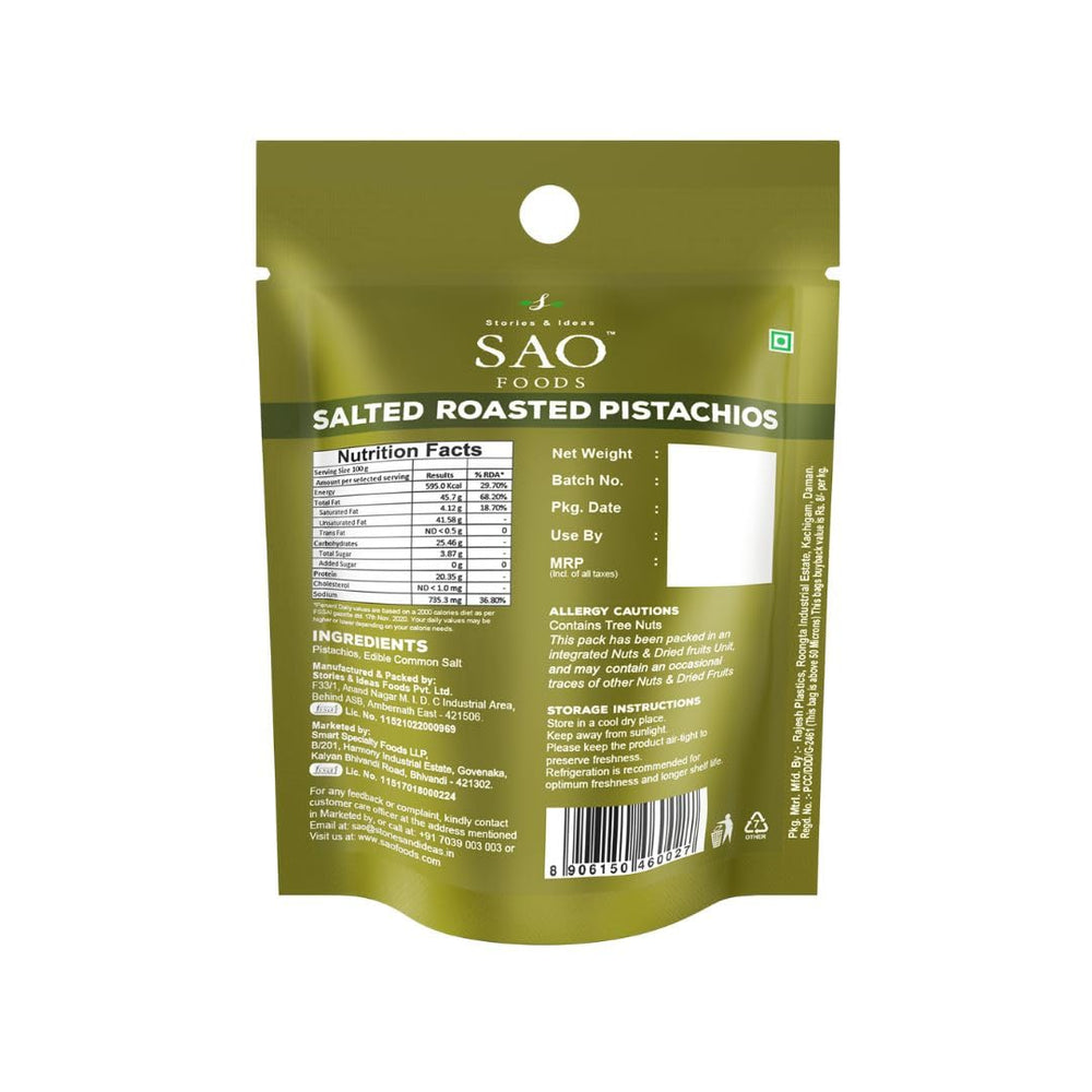 SAO Foods pistachios in shell ready in a portable on-the-go package.