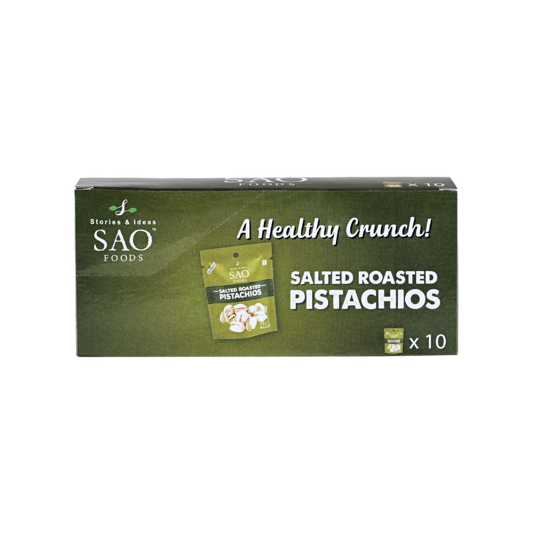 SAO Foods salted pistachios in shell with bold crunch for on-the-go snacking.