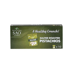 SAO Foods salted pistachios in shell with bold crunch for on-the-go snacking.