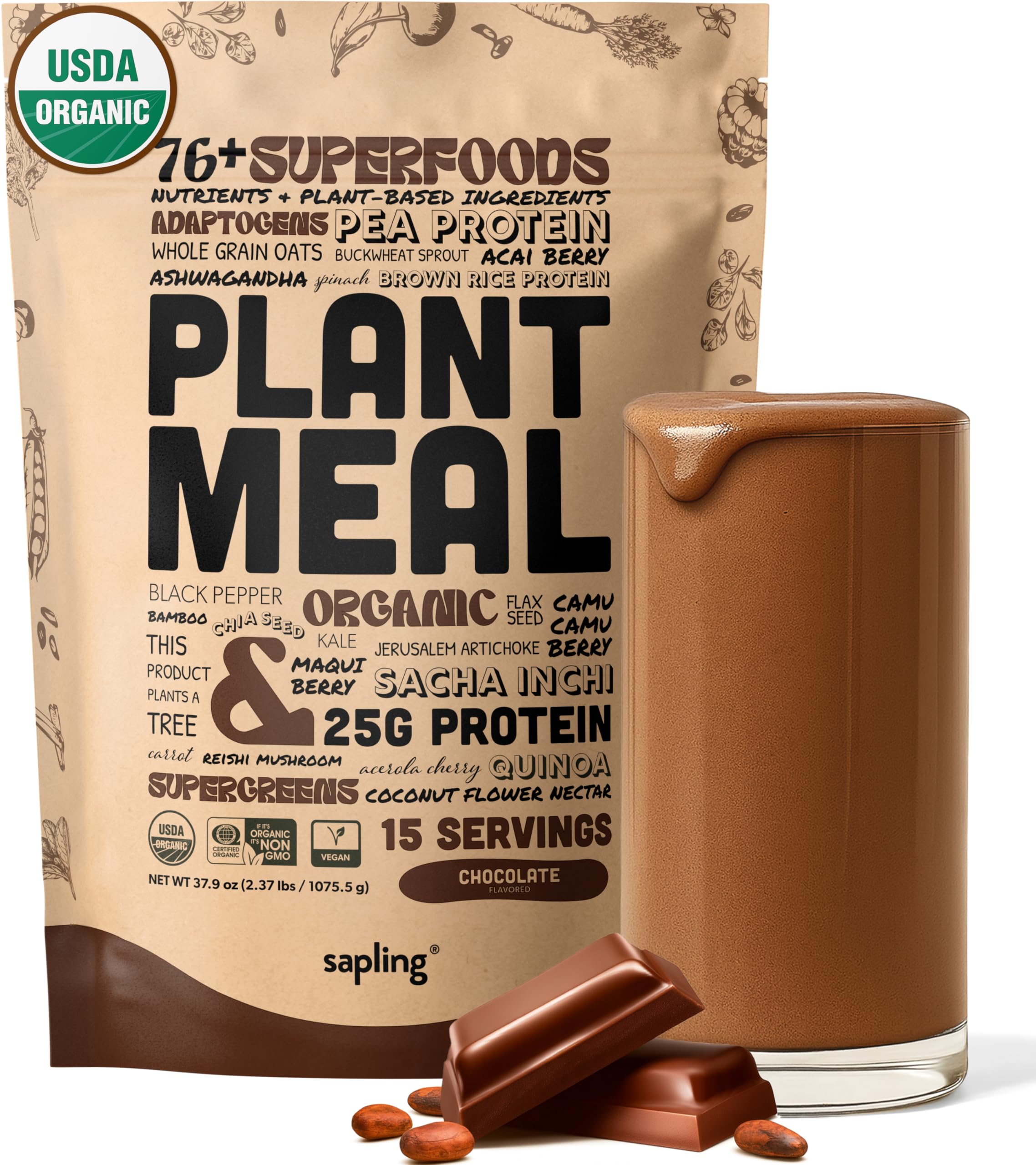 Sapling Plant Meal chocolate powder jar for daily plant-based protein and nutrition.