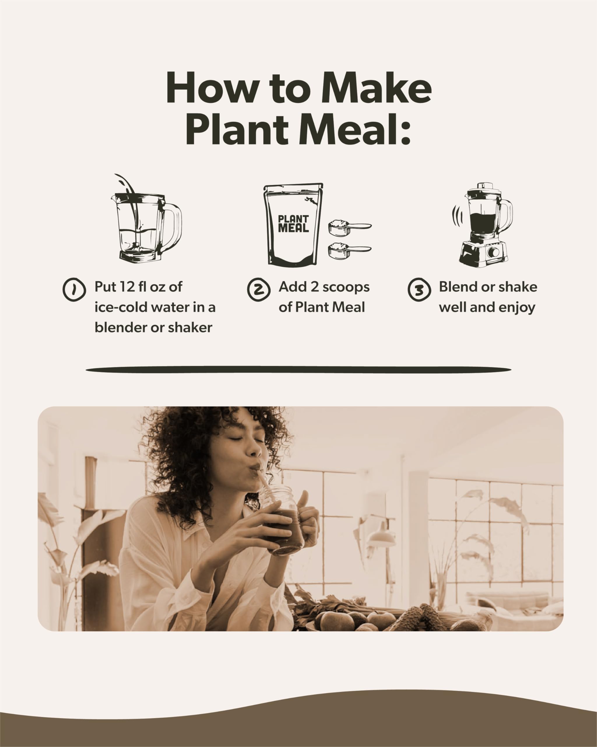 Sapling Plant Meal scoop near packaging highlights plant-based protein.