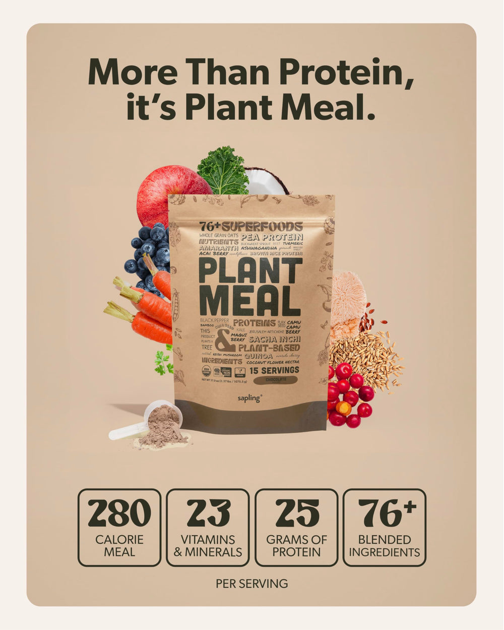 Sapling Plant Meal smoothie bowl with chocolate blend ready for creamy breakfast.
