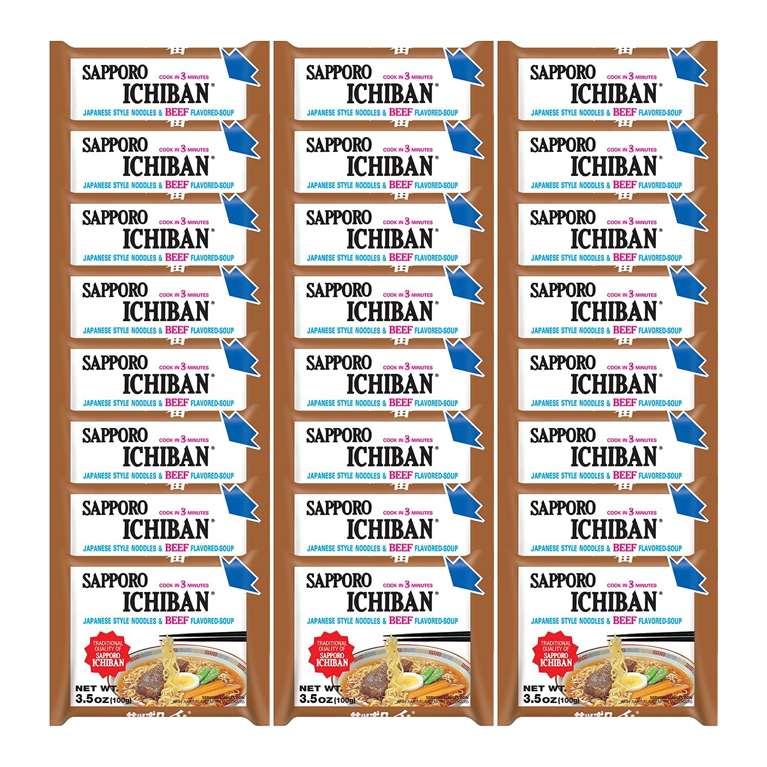 Sapporo Ichiban beef ramen pouch packaging for a 24-pack, ideal for quick meals