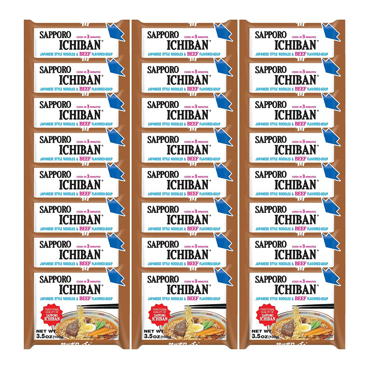 Sapporo Ichiban beef ramen pouch packaging for a 24-pack, ideal for quick meals